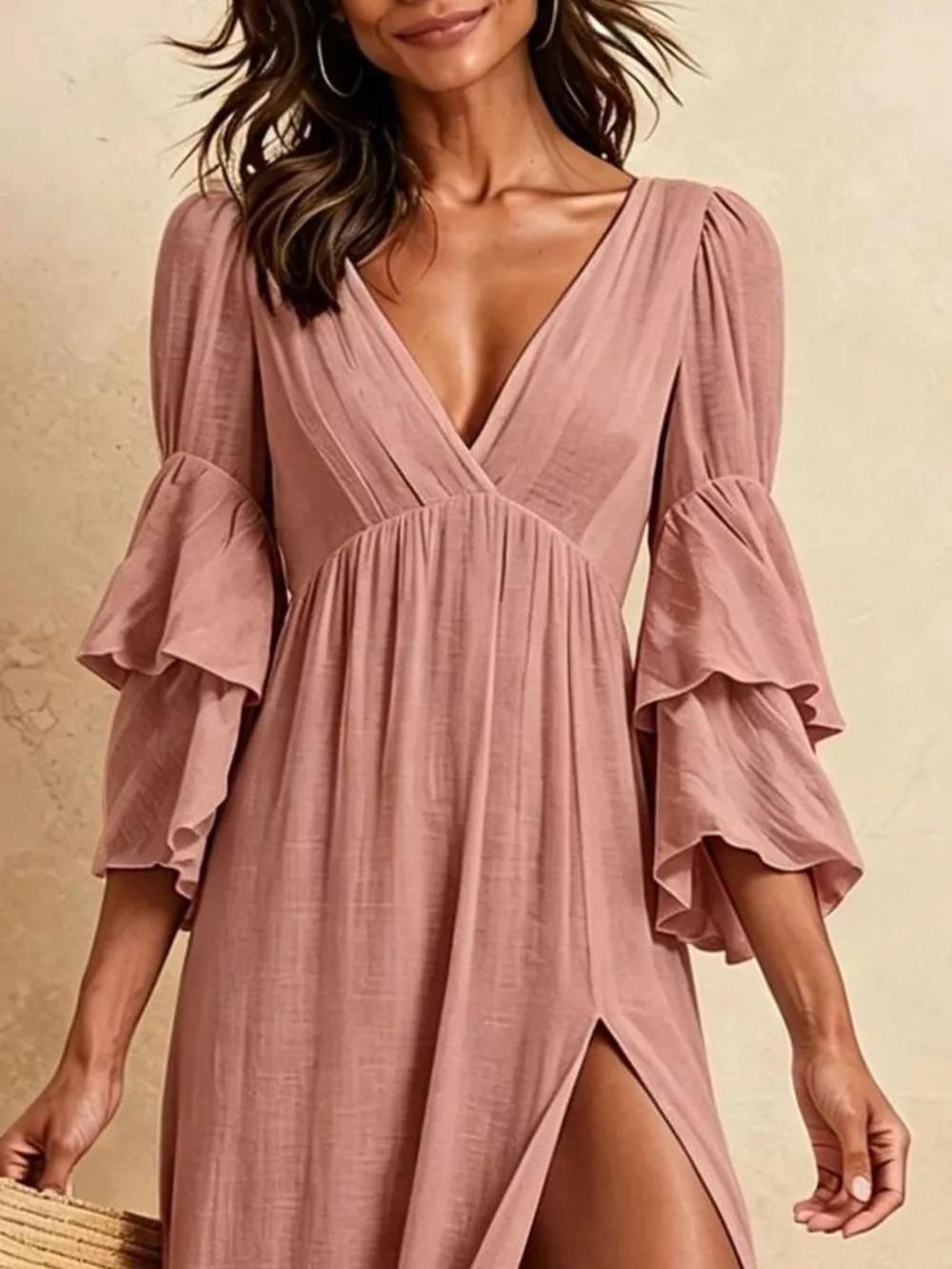 Tiered Ruffle Sleeves High Slit V-Neck Maxi Dress, image 8