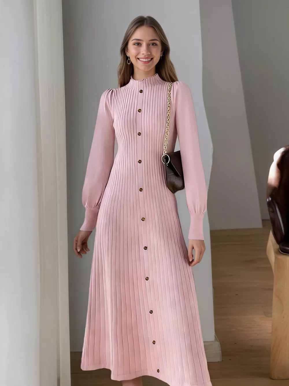 Ribbed Knit Mock Neck Midi Dress, image 12