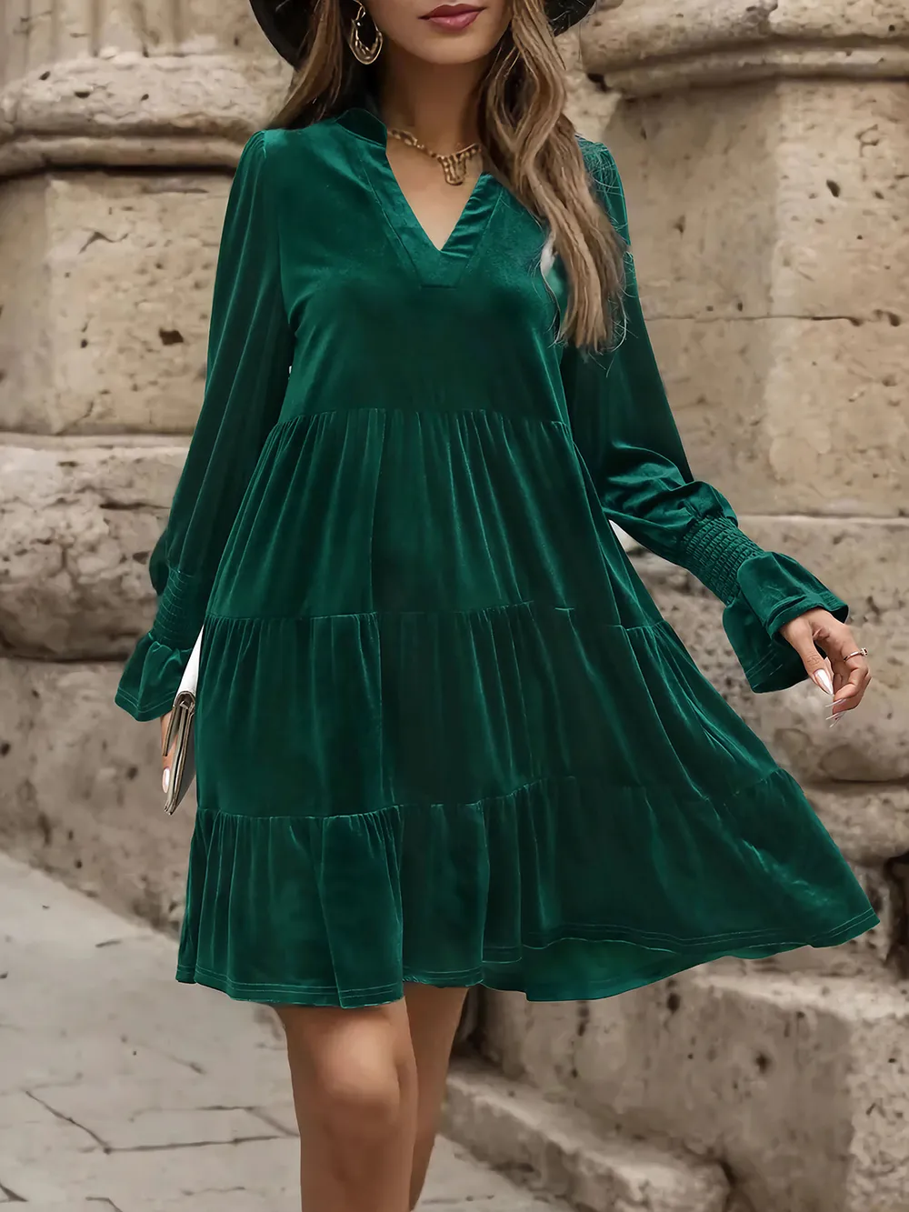 Notched Long Sleeve Tiered Dress, image 4