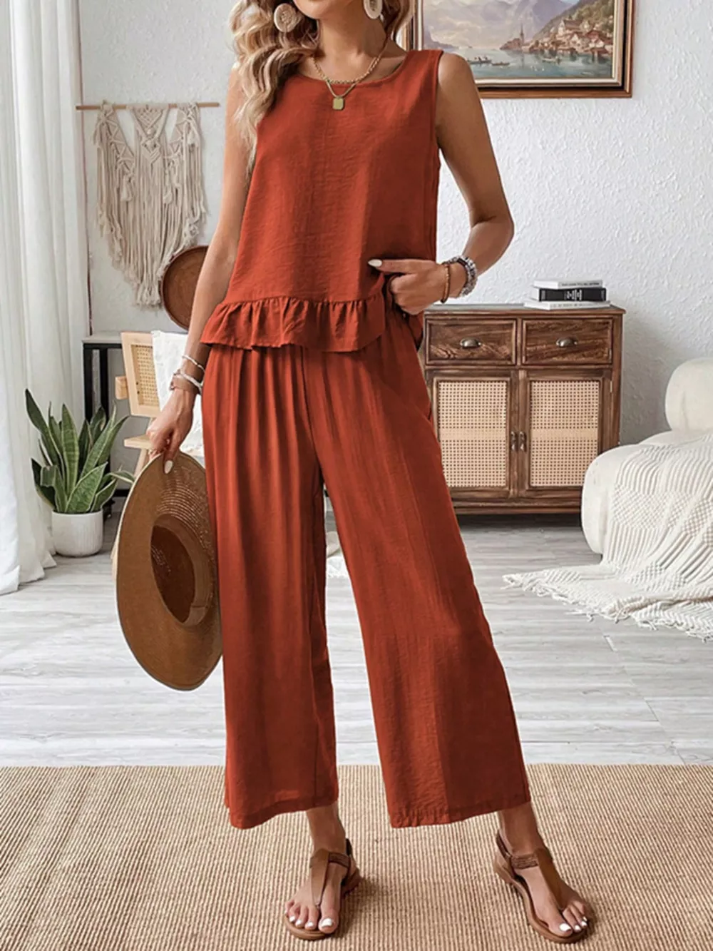 Sleeveless Ruffle Hem Tank and Wide Leg Two-Piece Set, image 3