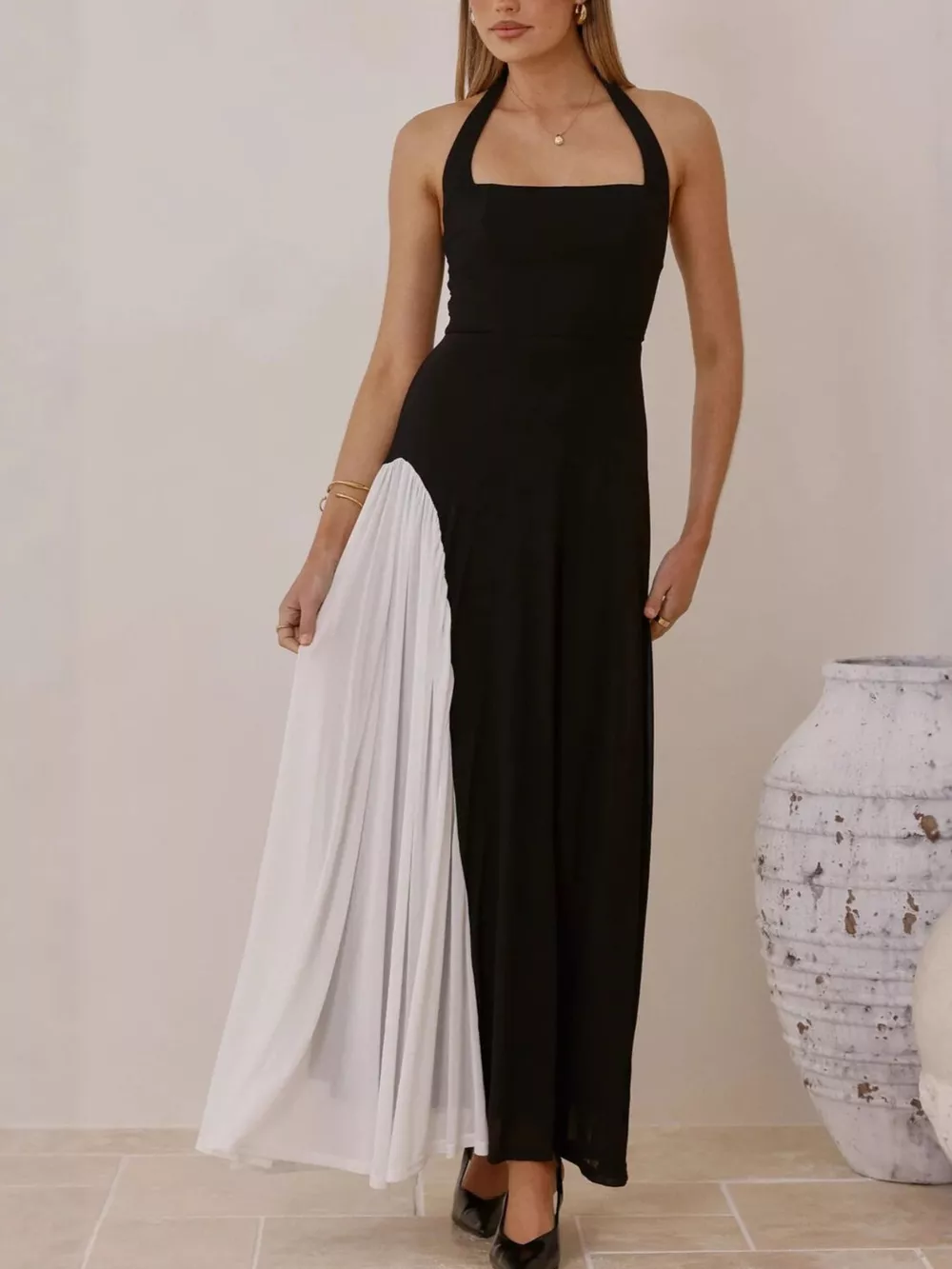 Contrast Halter Neck Maxi Dress, image 3