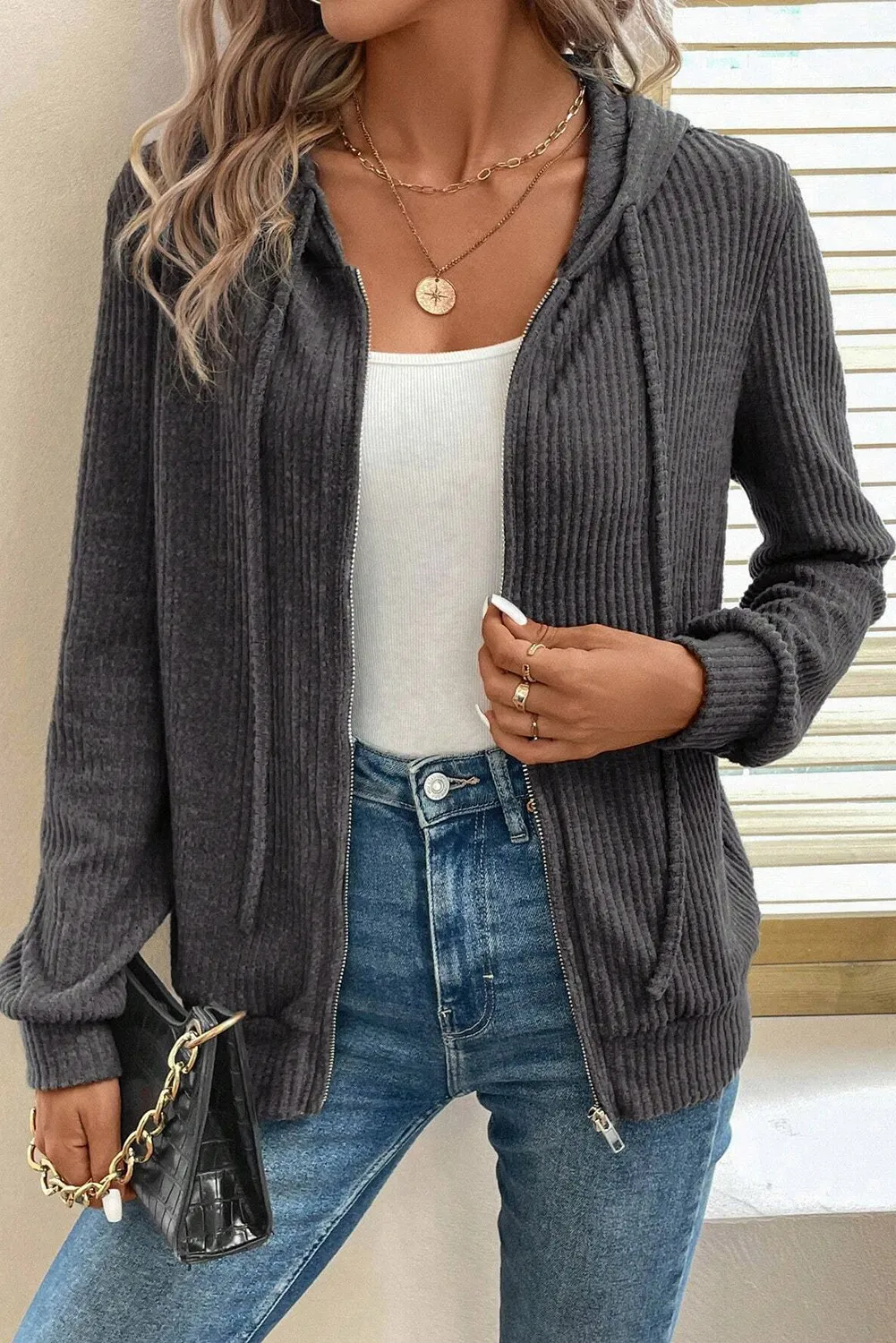 Drawstring Zip Up Long Sleeve Hooded Jacket, image 5