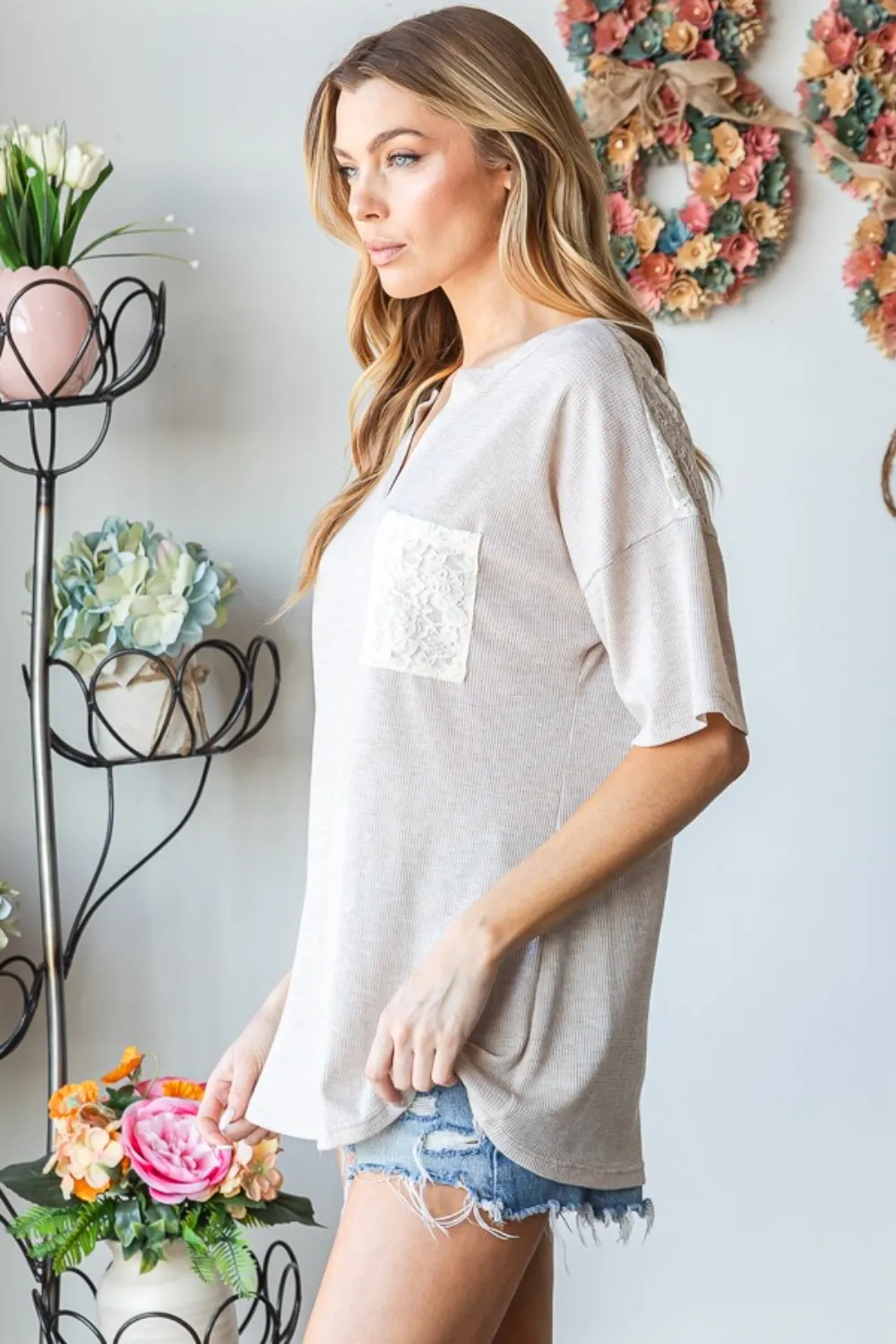 Full Size Lace Front Pocket Drop Shoulder Top, image 3