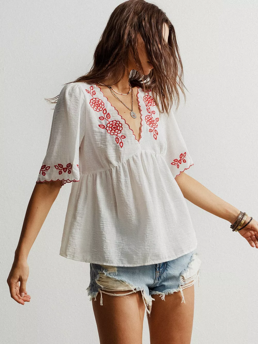 Embroidered Floral V-Neck Blouse, image 9