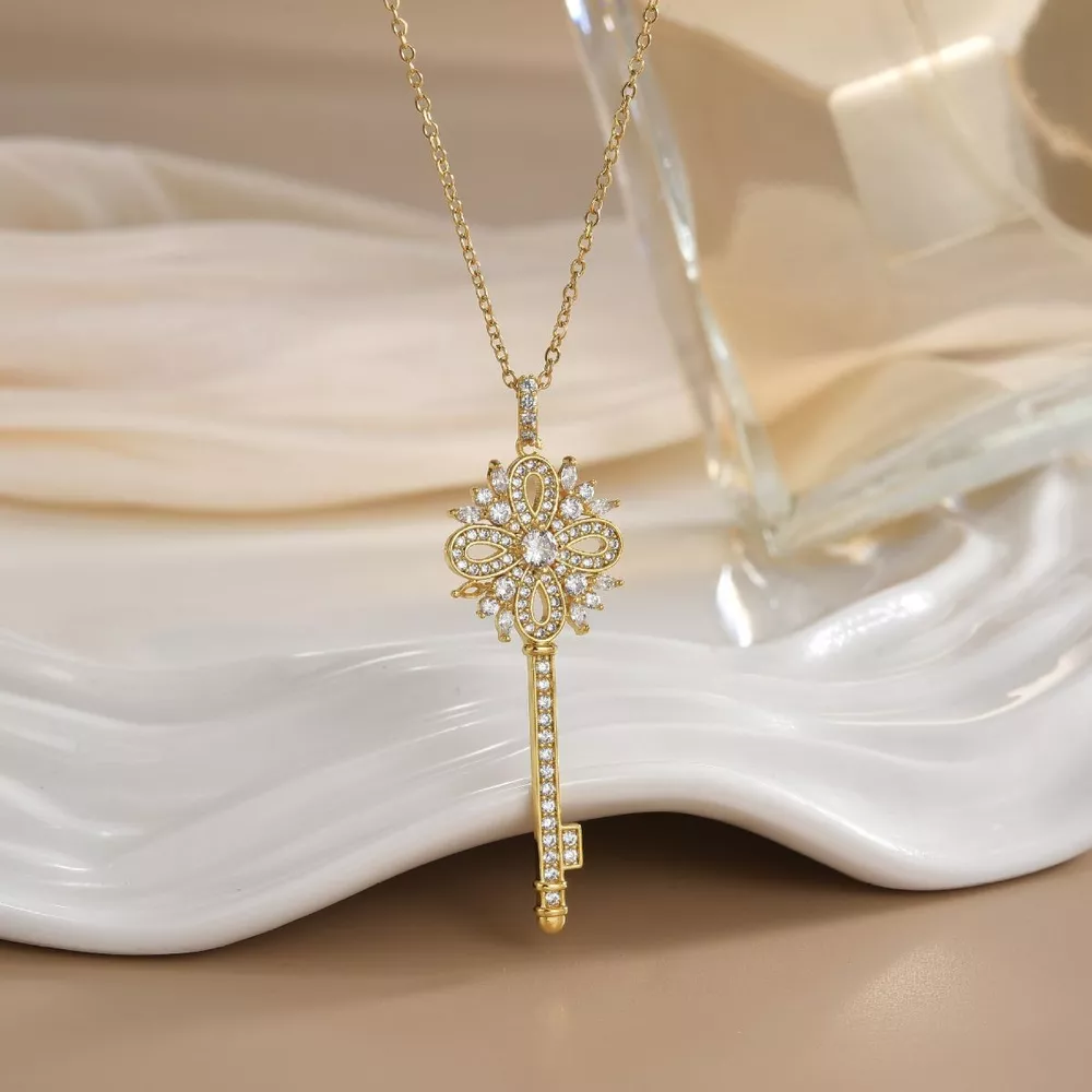 18K Gold-Plated Zircon Key Pendant Necklace, image 3