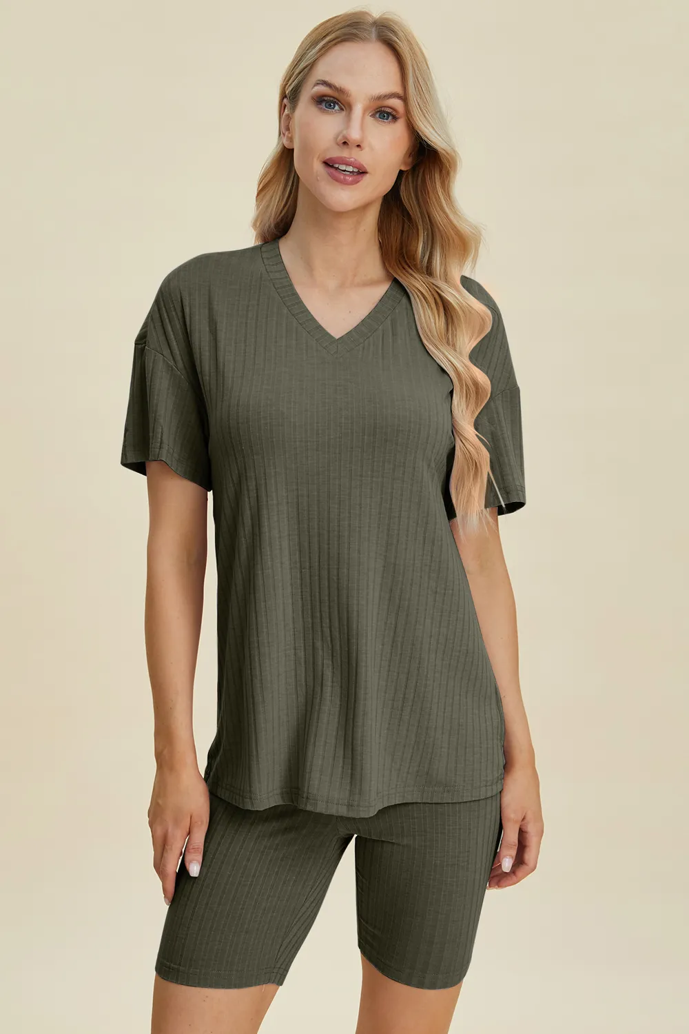 Full Size Ribbed V-Neck Short Sleeve Top and Shorts Set, image 27
