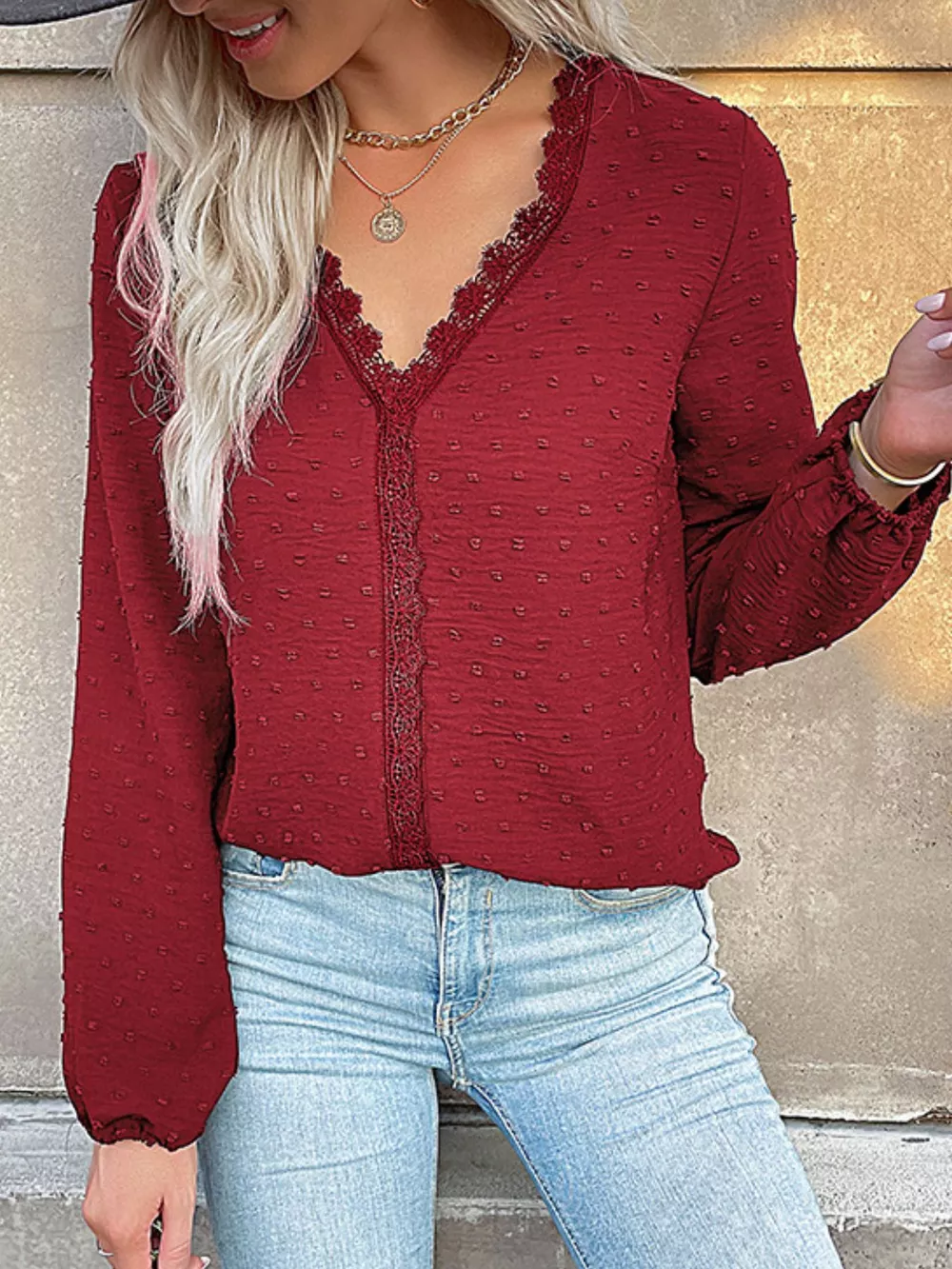 Lace Detail V-Neck Long Sleeve Blouse, image 9