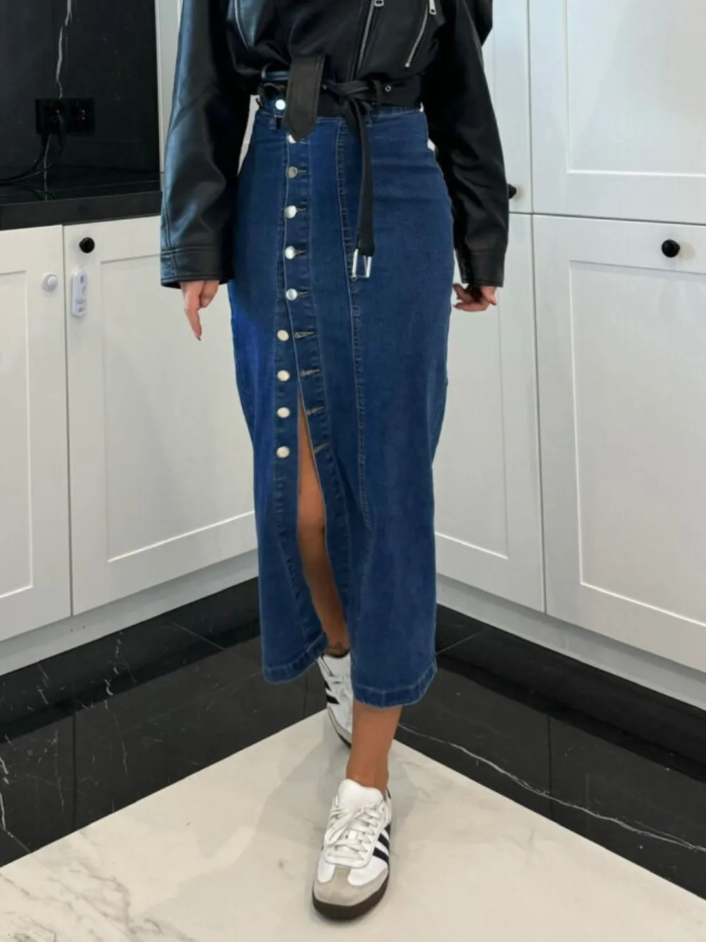 Front Button Slit Midi Denim Skirt, image 11