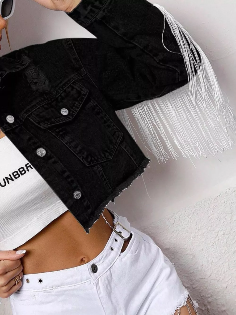 Fringe Button Up Cropped Denim Jacket, image 5