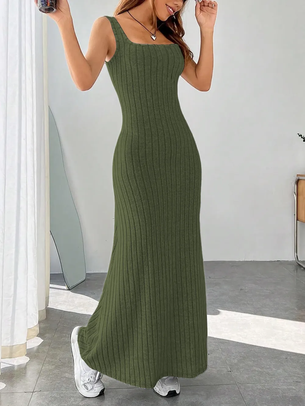 Ribbed Knit Square Neck Sleeveless Maxi Dress, image 15