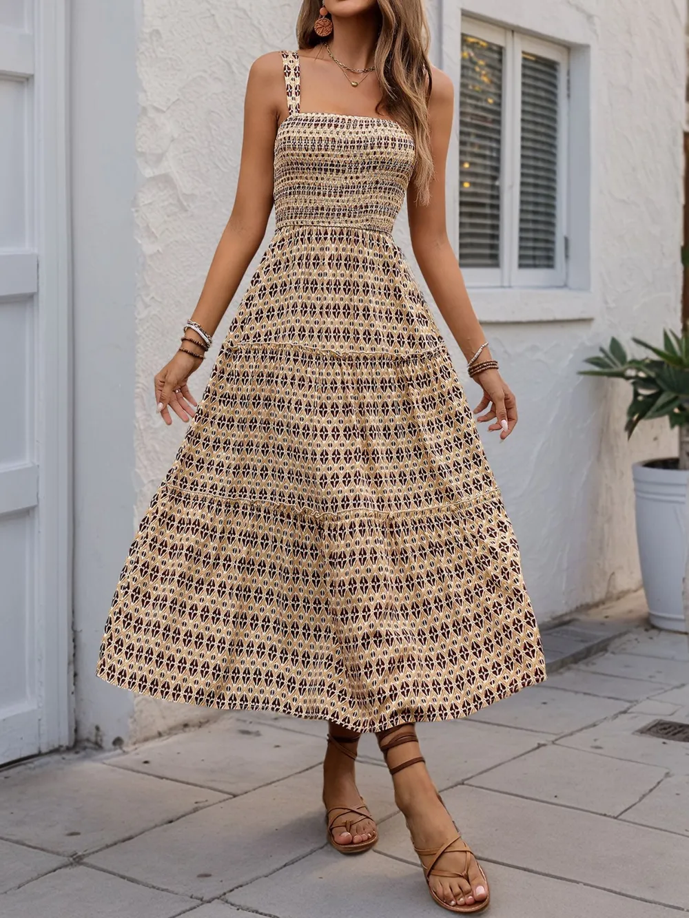 Printed Tiered Wide Strap Midi Dress, image 5