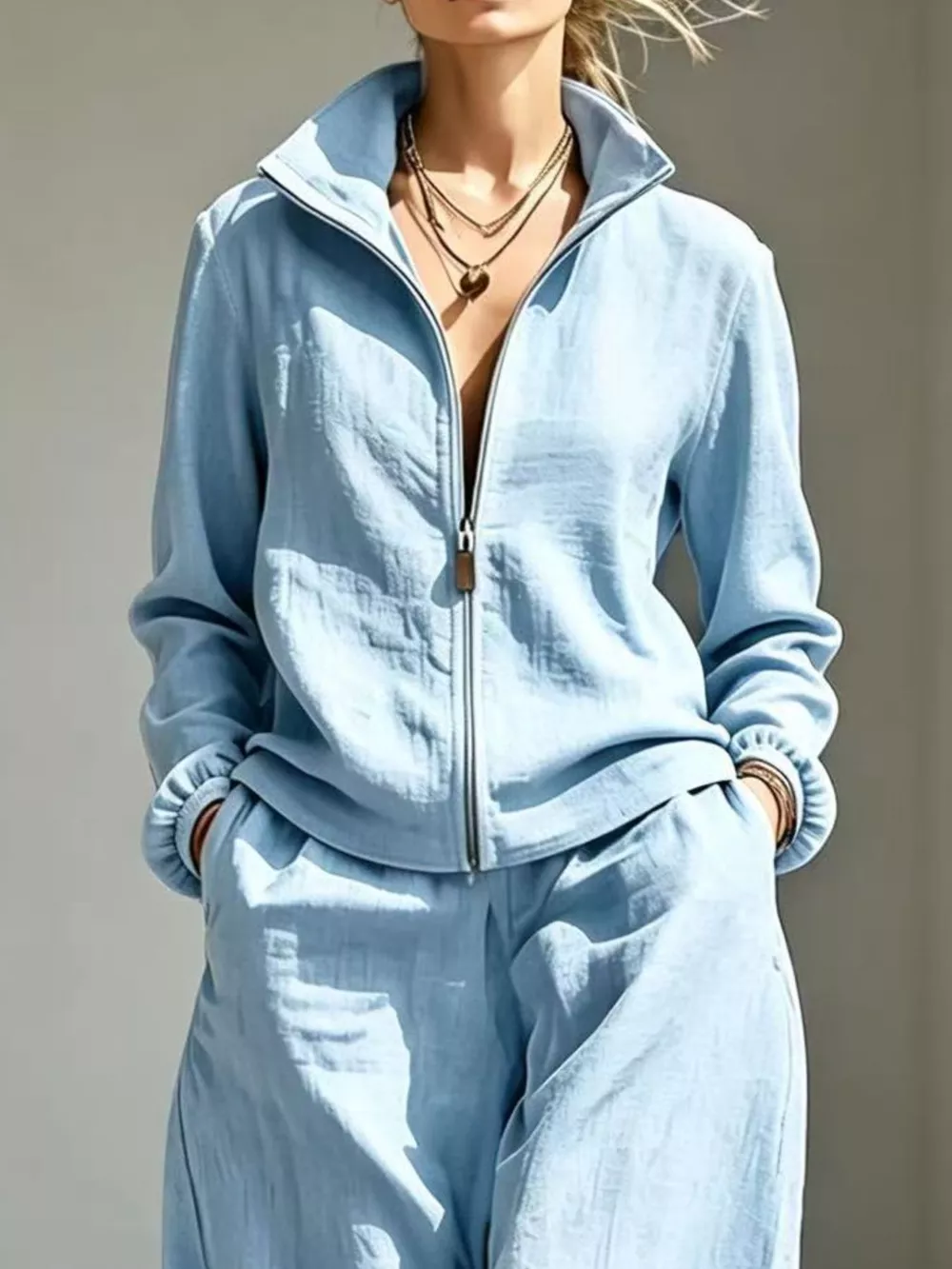 Full Size Zip-Up Jacket and Wide-Leg Pants Set Plus Size, image 8