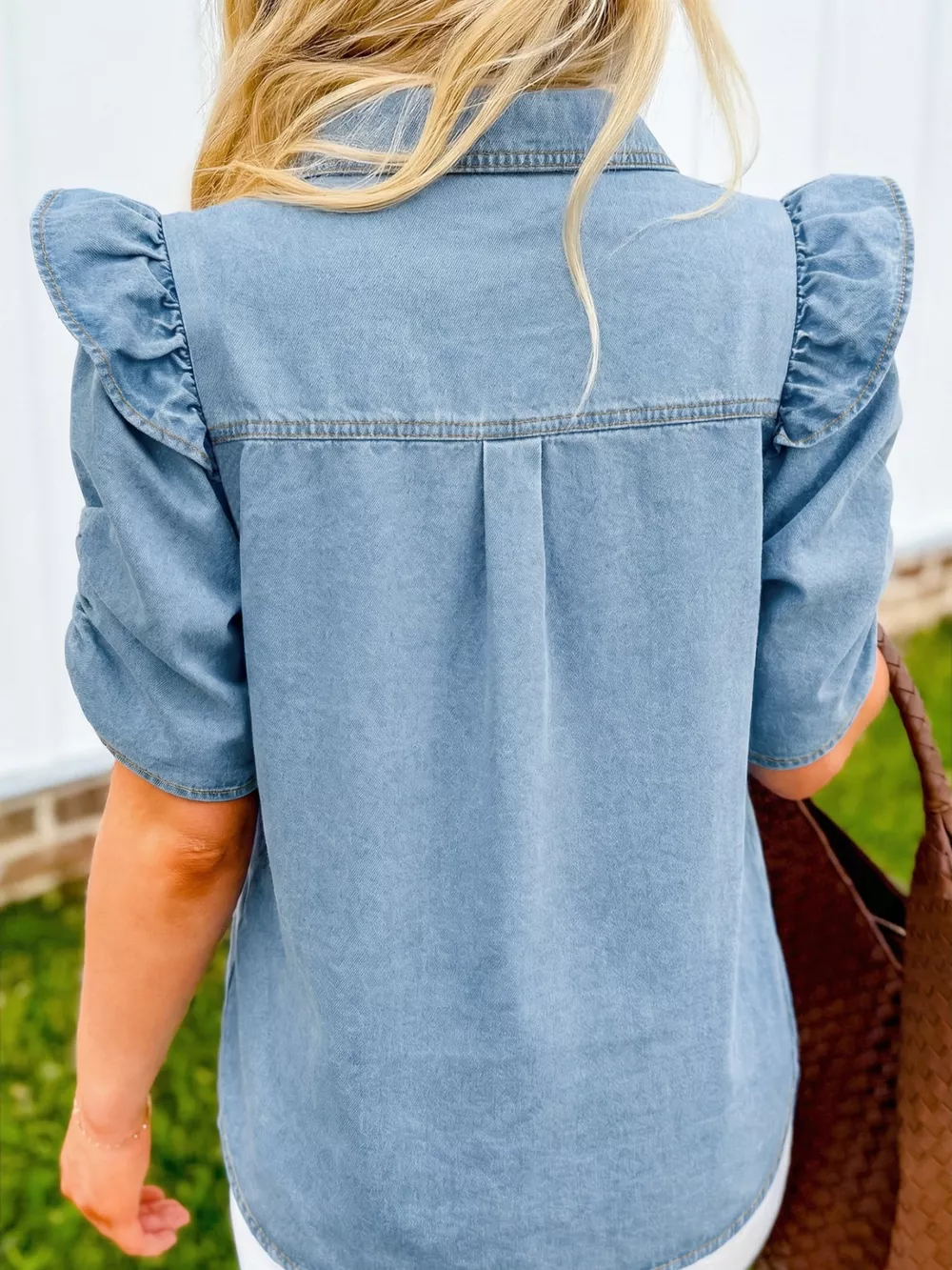 Ruffled Button-Down Denim Shirt, image 10