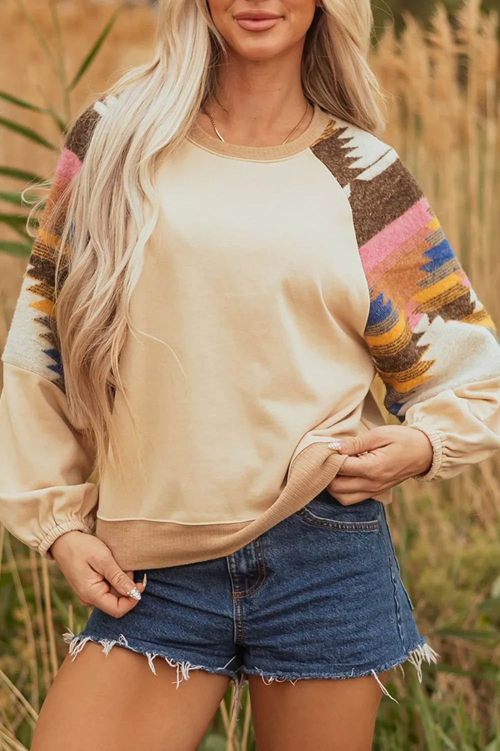 Aztec Bubble Sleeve Patchwork Western Sweatshirt, image 3