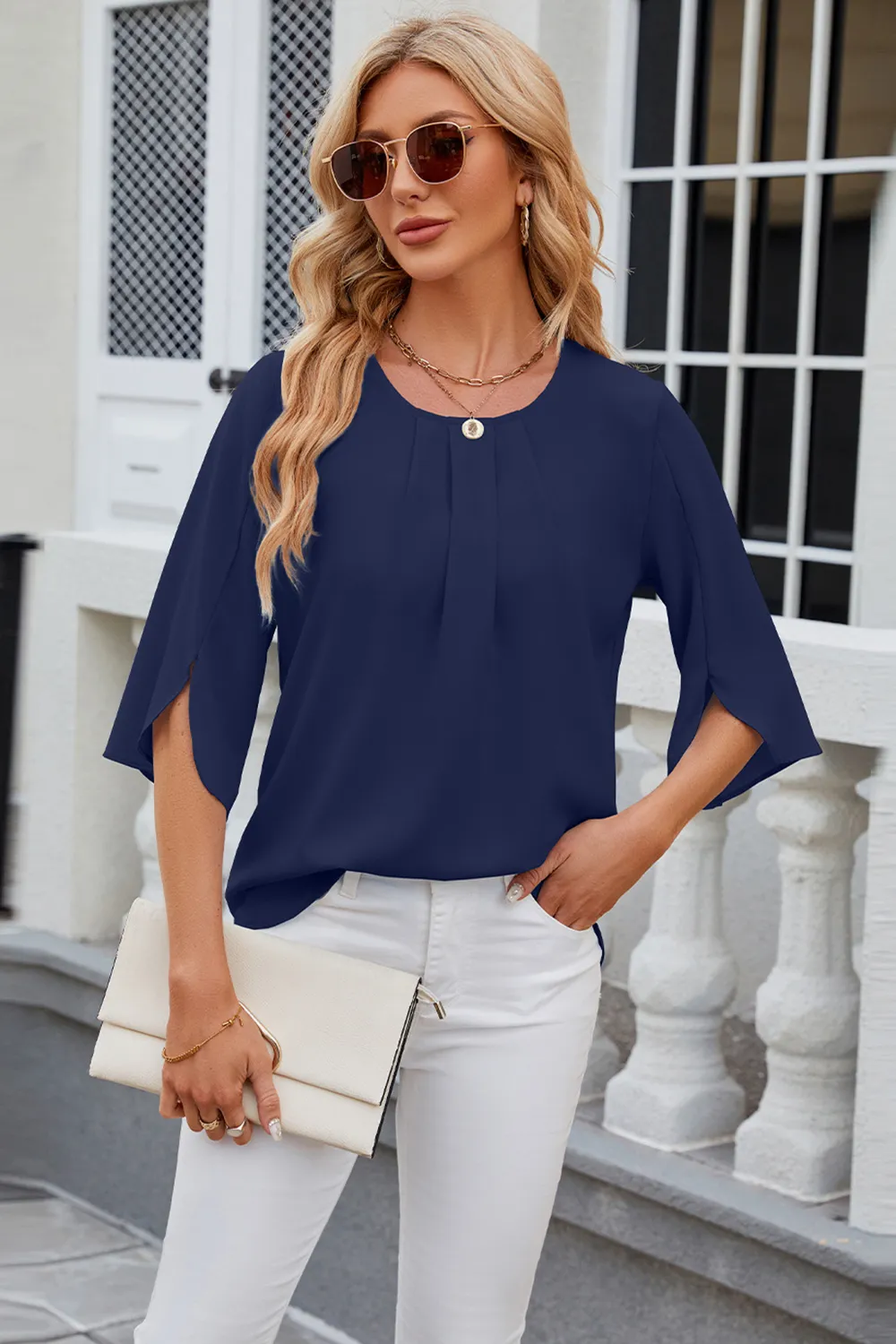 Round Neck Slit Half Sleeve Top, image 25