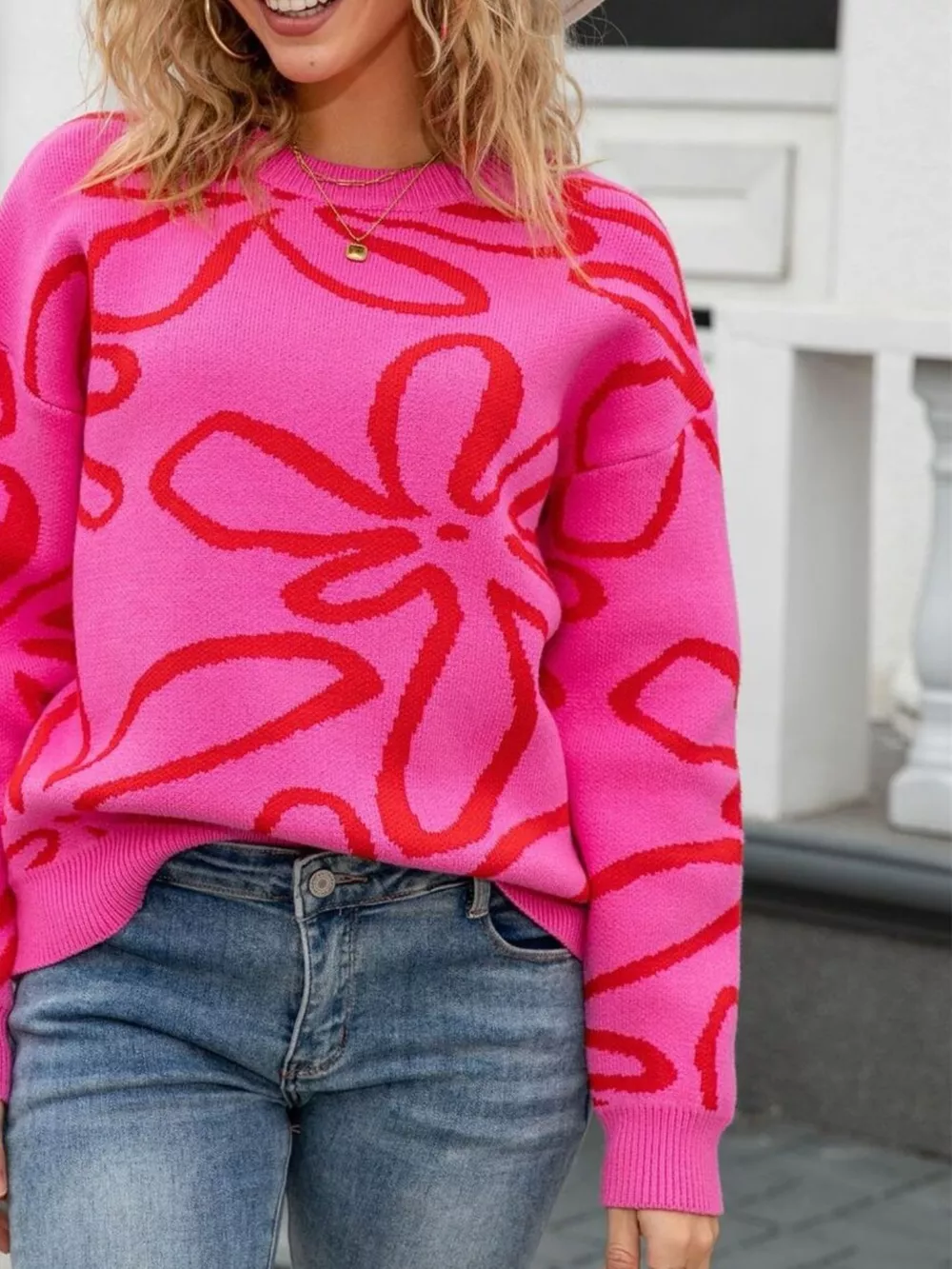 Flower Crew Neck Long Sleeve Sweater, image 12