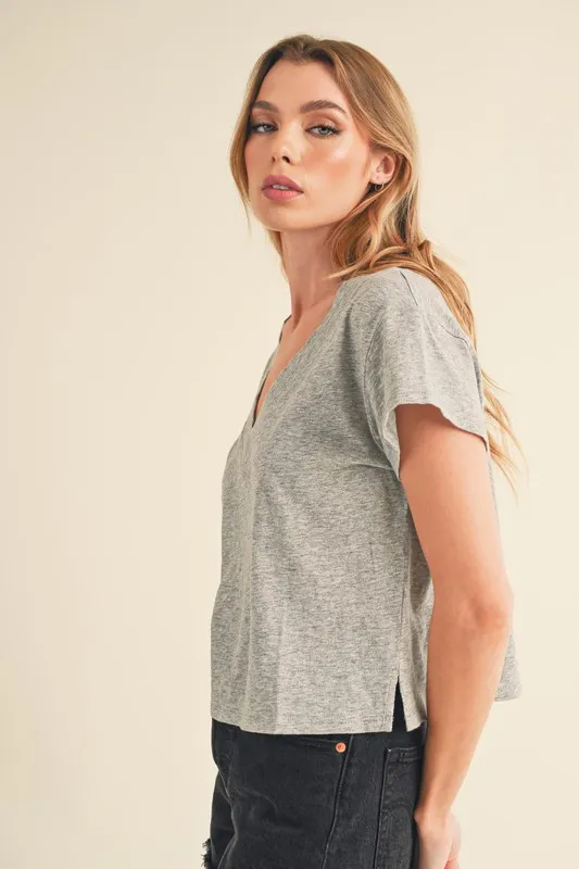 Side Slit V-Neck Short Sleeve Cropped T-Shirt, image 3