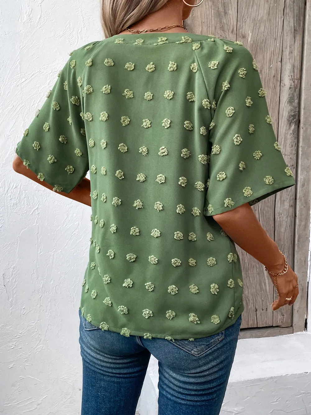 Swiss Dot Notched Half Sleeve Blouse, image 19