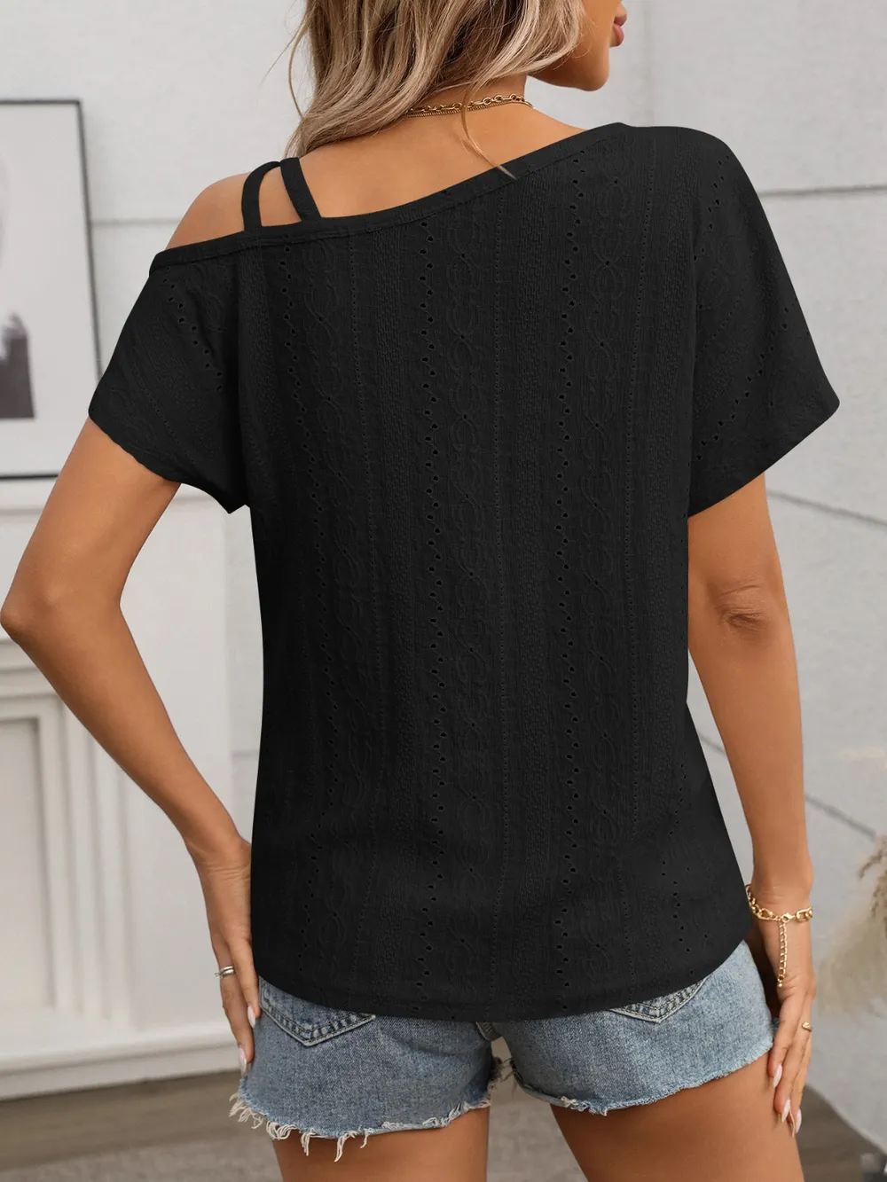Eyelet Asymmetrical Shoulder Short Sleeve T-Shirt, image 30