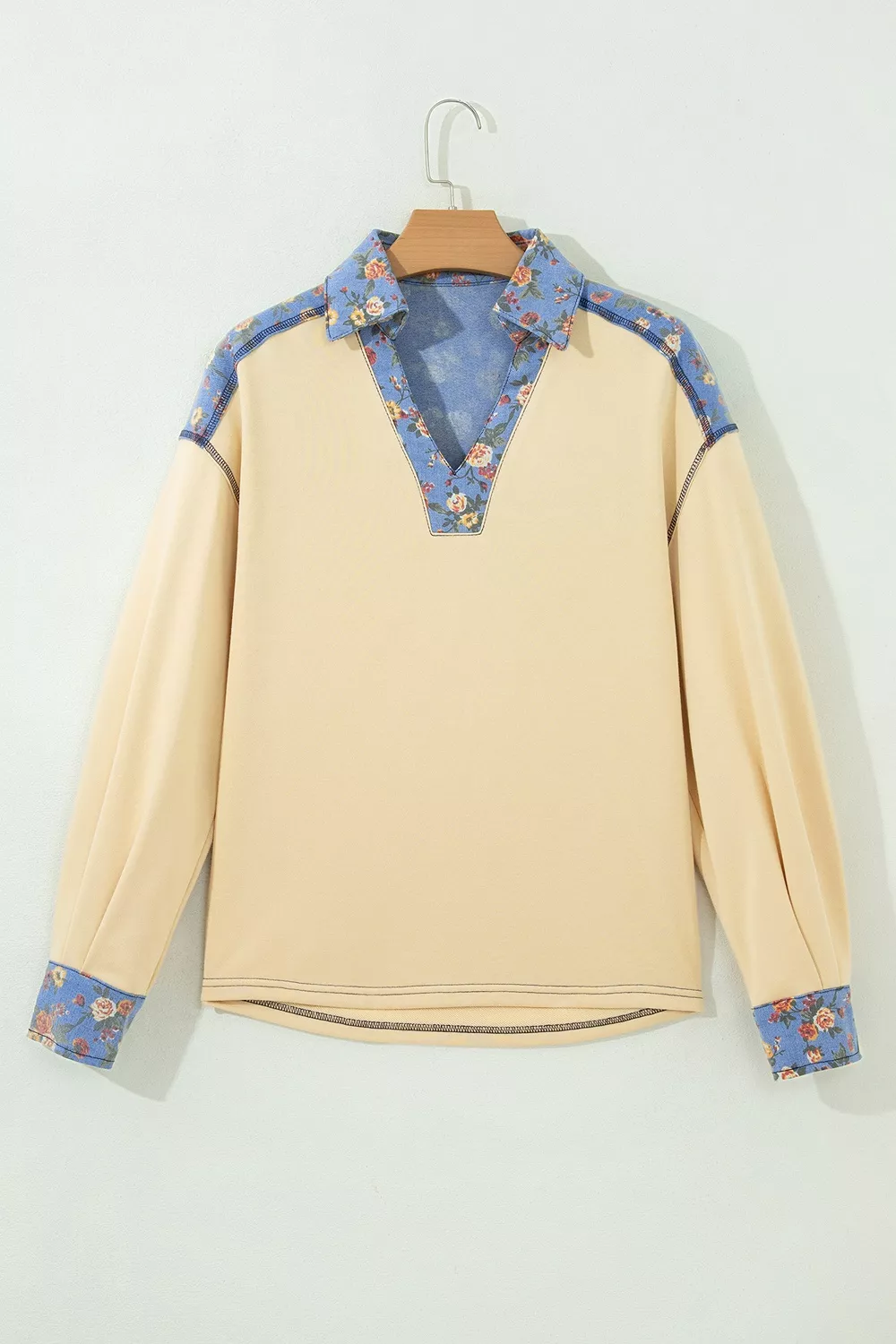 Floral Denim Patchwork Collar V Neck Long Sleeve Pullover Top, image 6