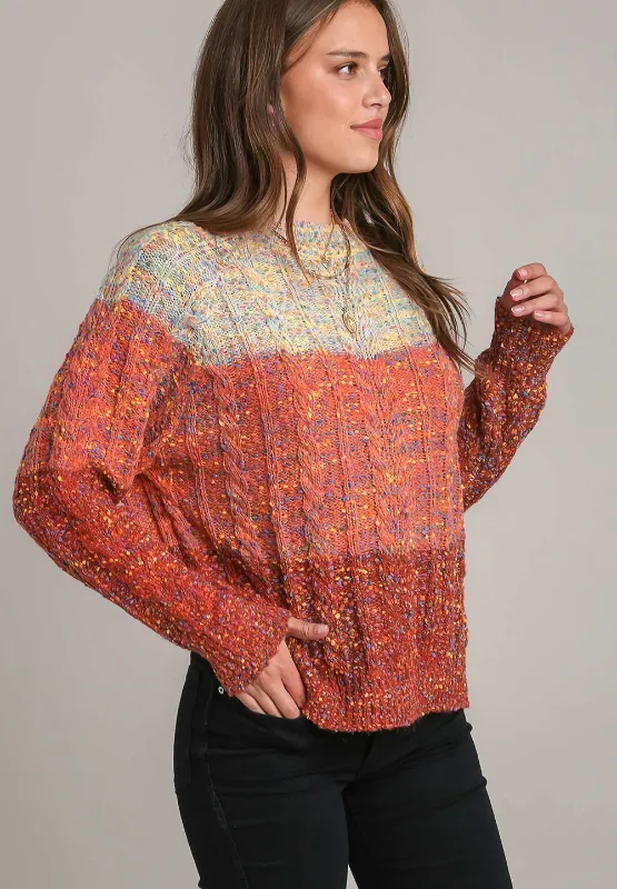 Cable-Knit Color Block Round Neck Long Sleeve Sweater, image 4