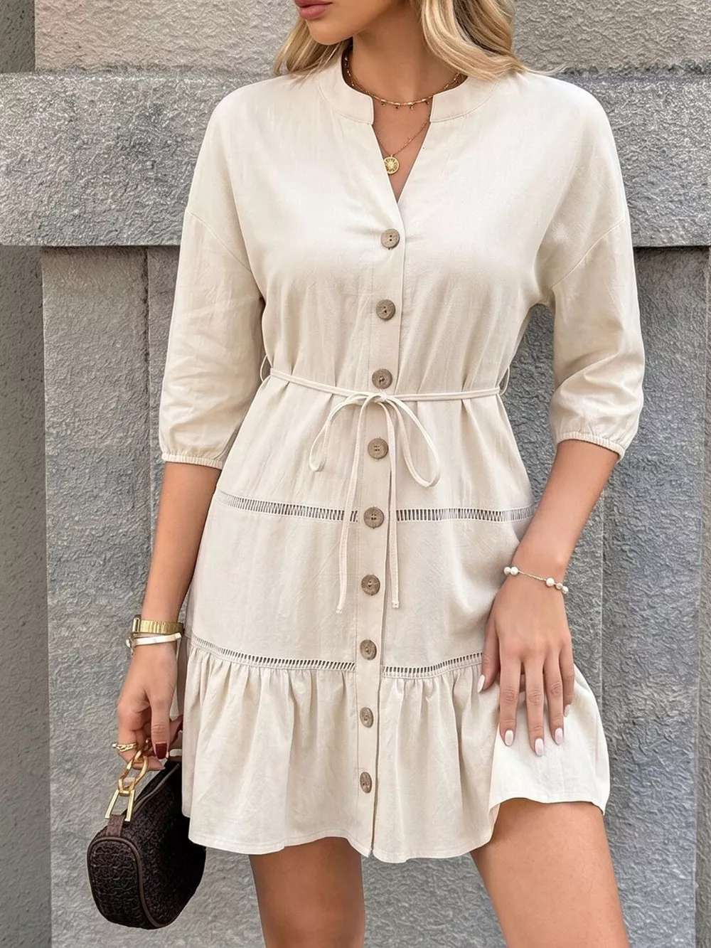 Button-Front Ruffle Hem Mini Dress, image 6