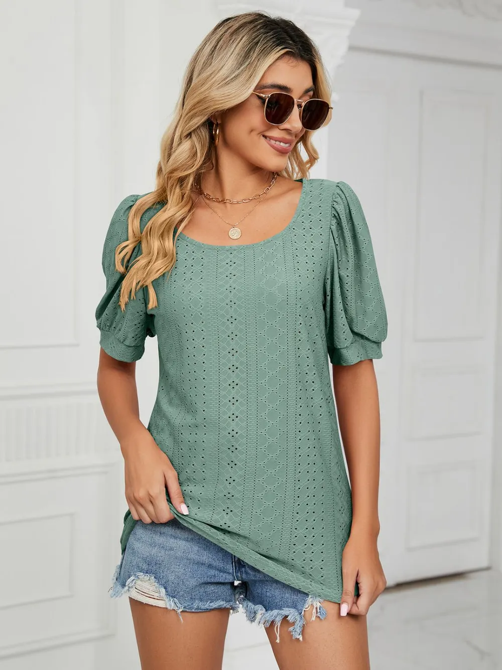 Ruched Notched Long Sleeve T-Shirt, image 2