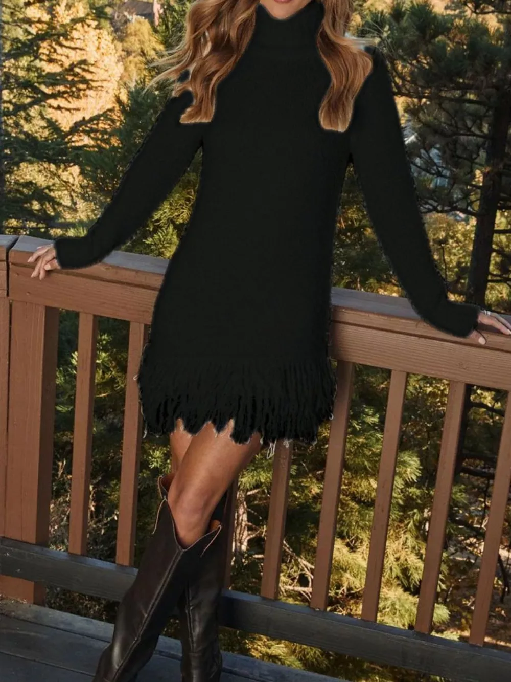 Fringe Turtleneck Long Sleeve Sweater Dress, image 12