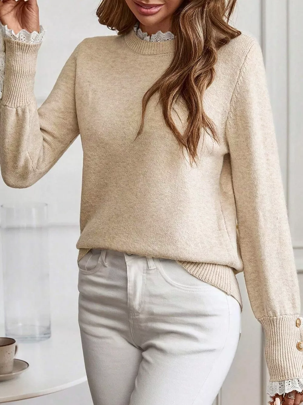 Lace Trim Button Cuff Long Sleeve Sweater, image 2