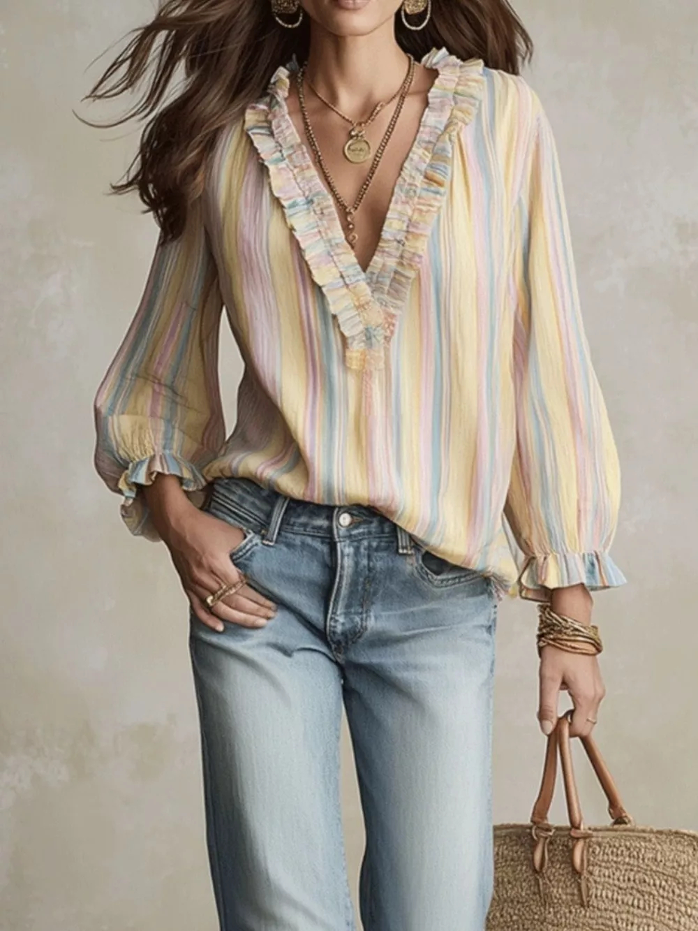 Striped V-Neck Long Sleeve Blouse, image 2