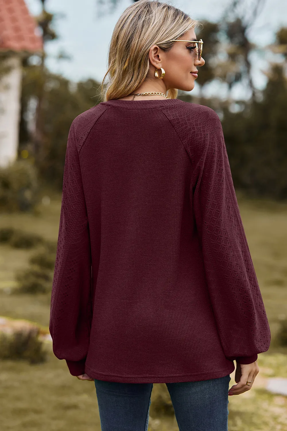 Eyelet Notched Raglan Sleeve T-Shirt, image 6