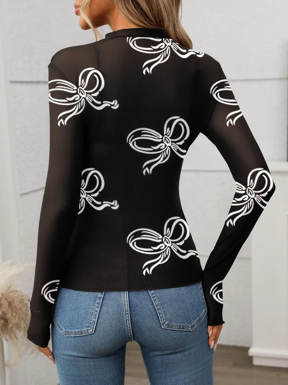 Printed Mock Neck Long Sleeve Mesh T-Shirt, image 10