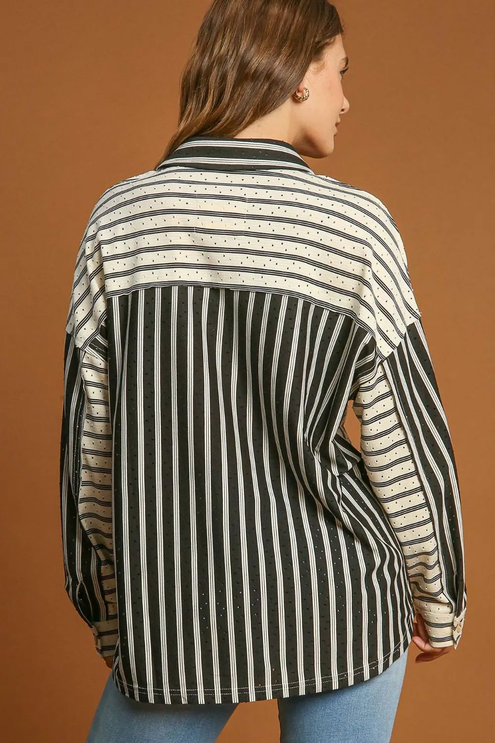 Full Size Pointelle Stripped Half Button Collared Neck Top Plus Size, image 4