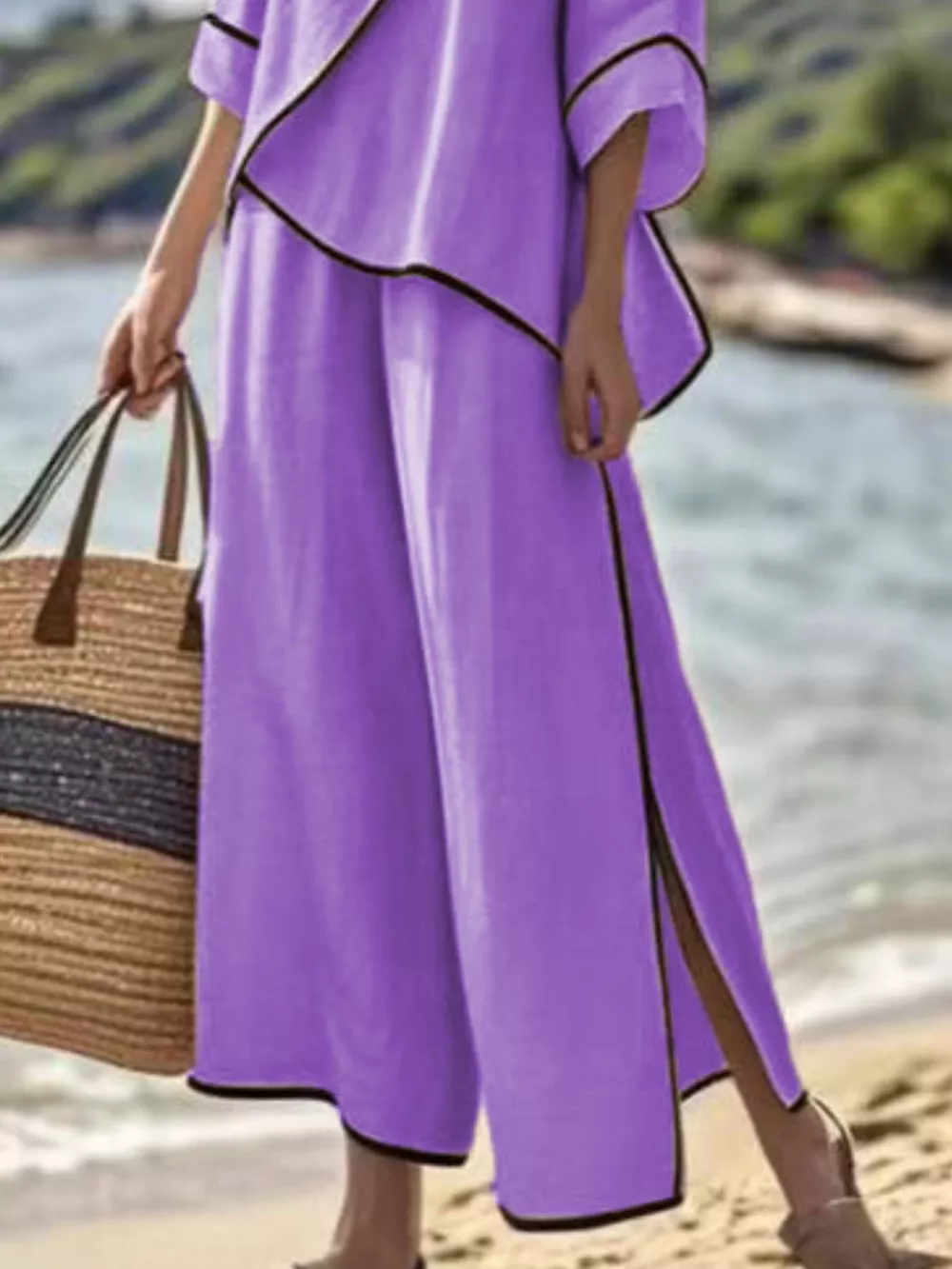 Full Size Contrast Trim Top and Wide Leg Pants Set Plus Size, image 12