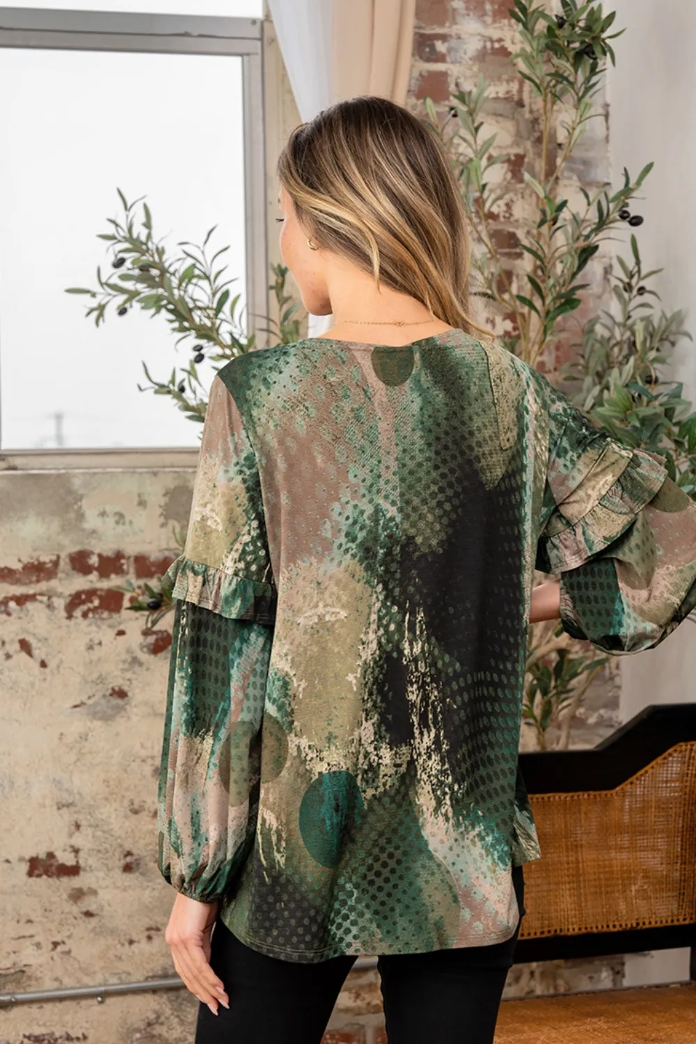 Full Size Snakeskin Print Long Sleeve Top with Ruffle, image 2