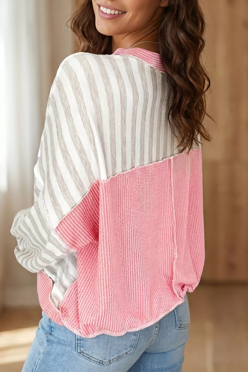 Twisted Rib Trim Striped Round Neck Loose Pullover Sweatshirt, image 2