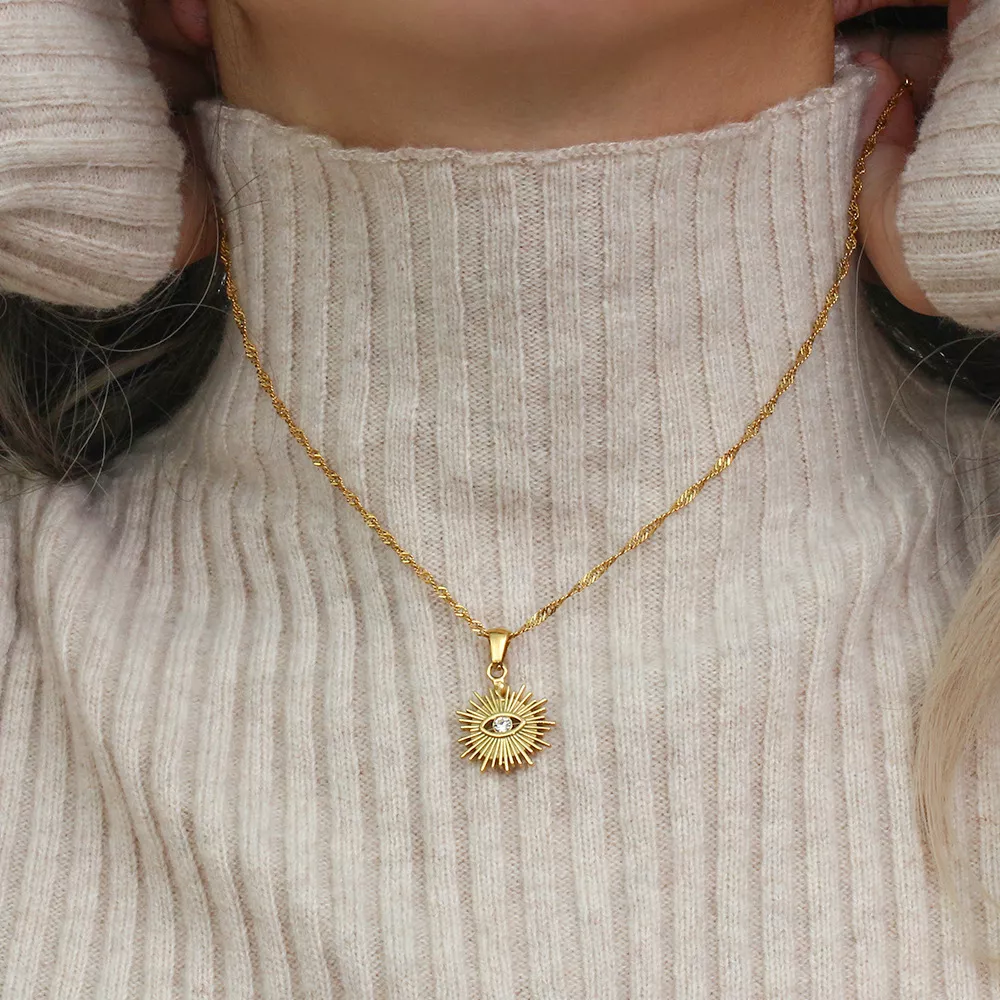 18K Gold-Plated Evil Eye Sunburst Pendant Necklace