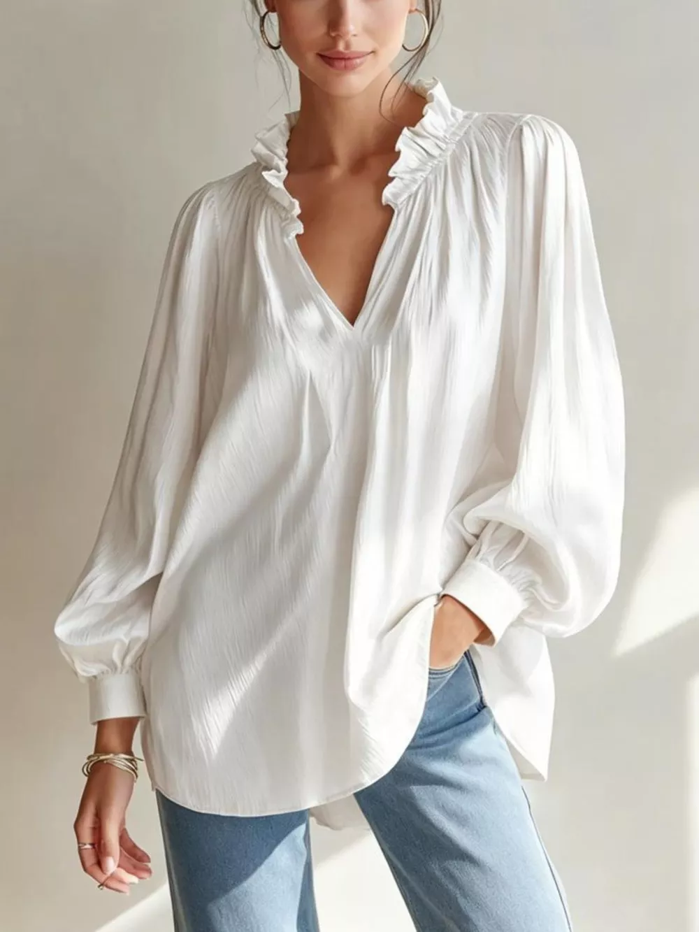 Frill Notched Long Sleeve Blouse, image 10