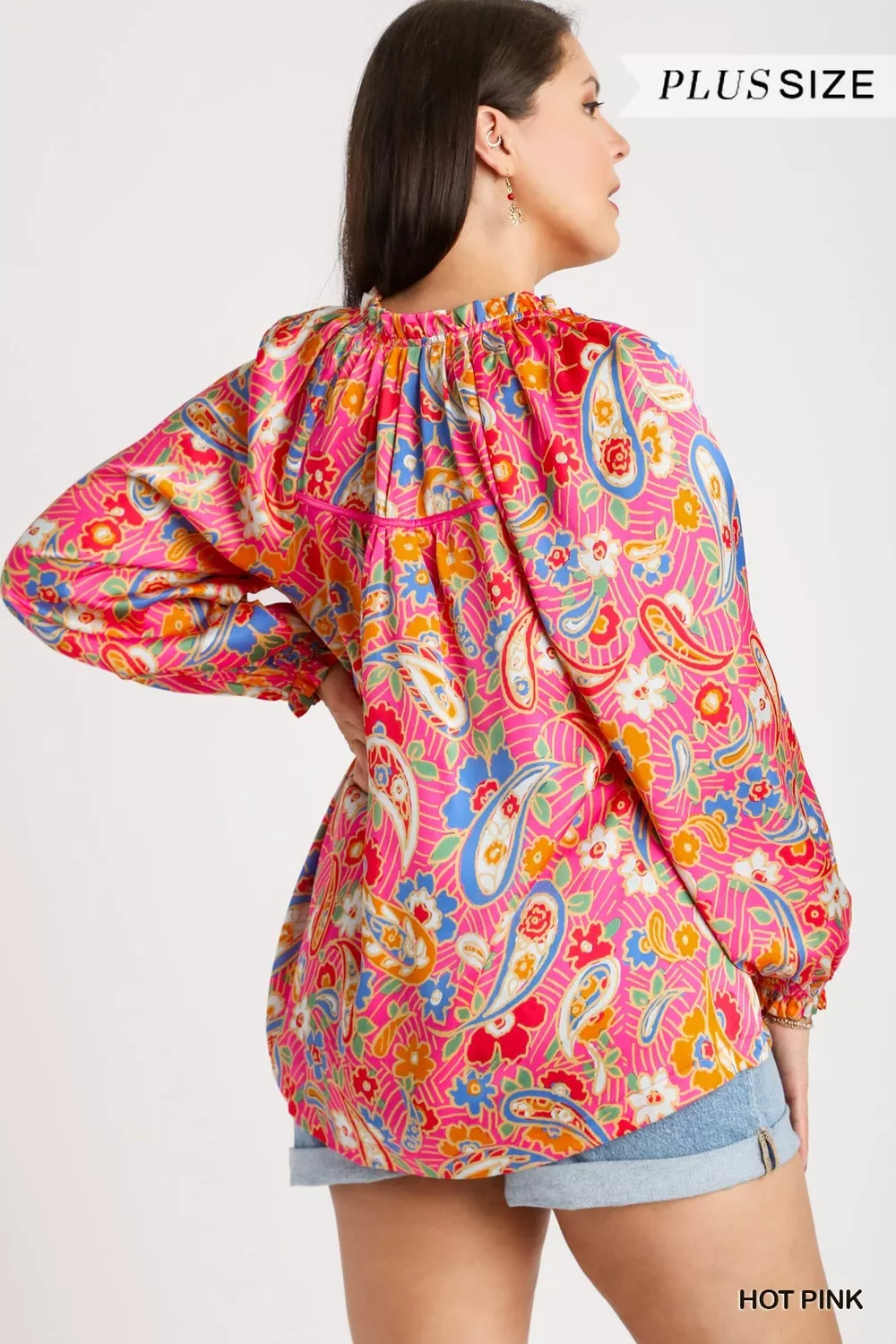 Full Size Satin Paisley Ruffle Neck Button-Up Shirt Plus Size, image 8