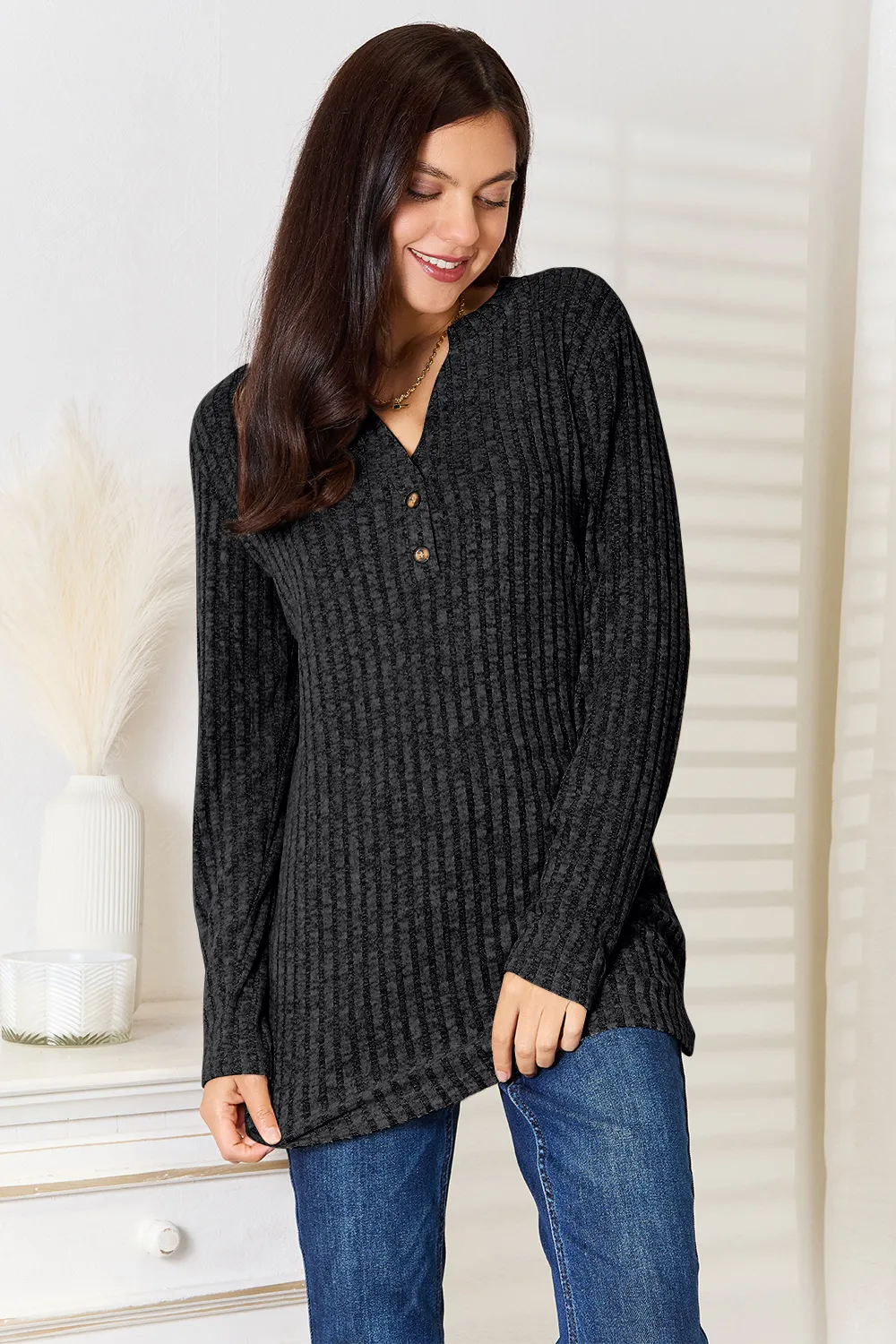 Notched Neck Ribbed Long Sleeve T-Shirt, image 2