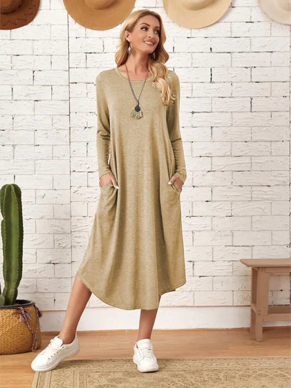 Pocketed Round Neck Long Sleeve Tee Dress, image 14