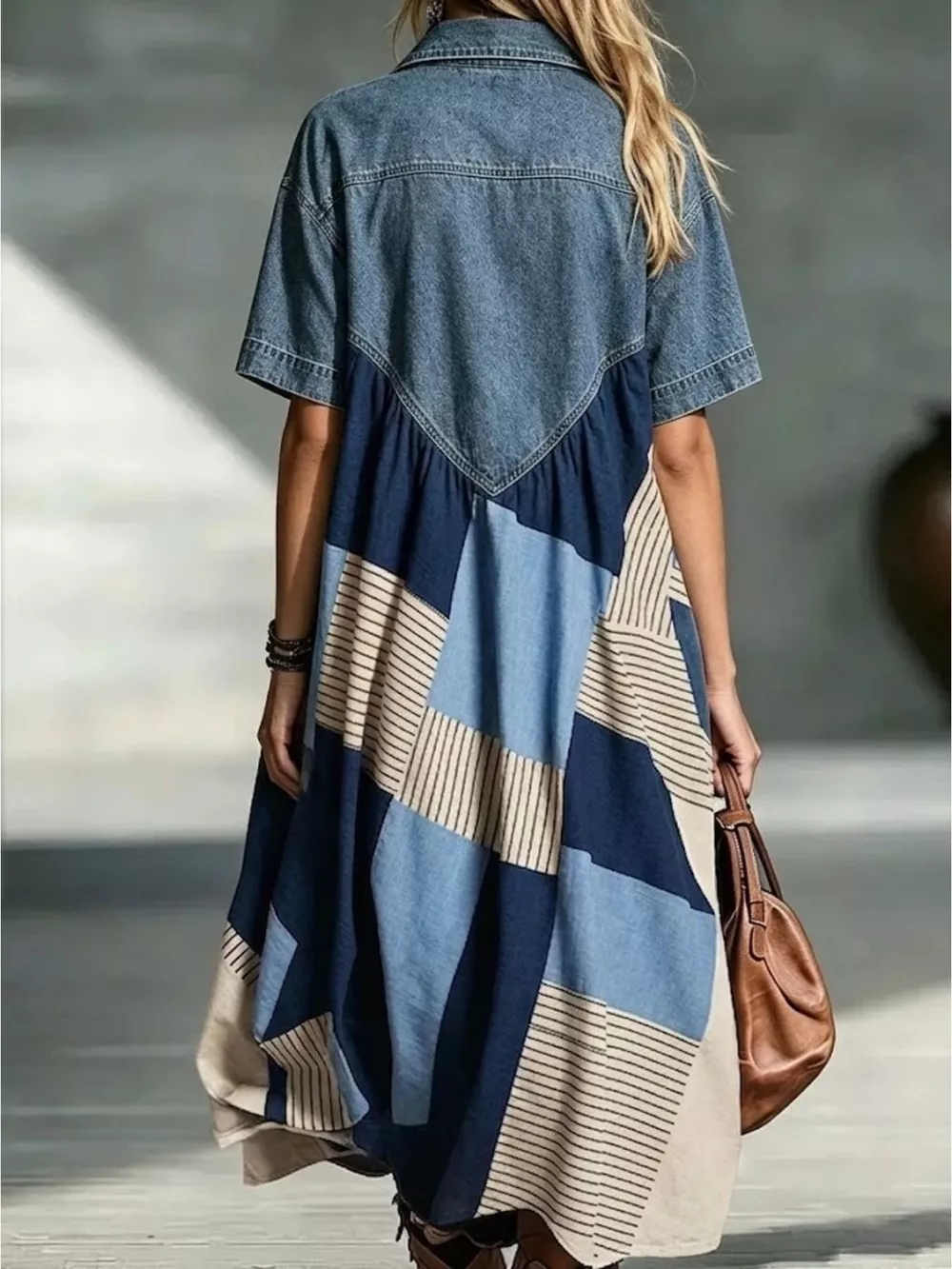 Full Size Denim Patchwork Printed Shirt Dress Plus Size, image 4