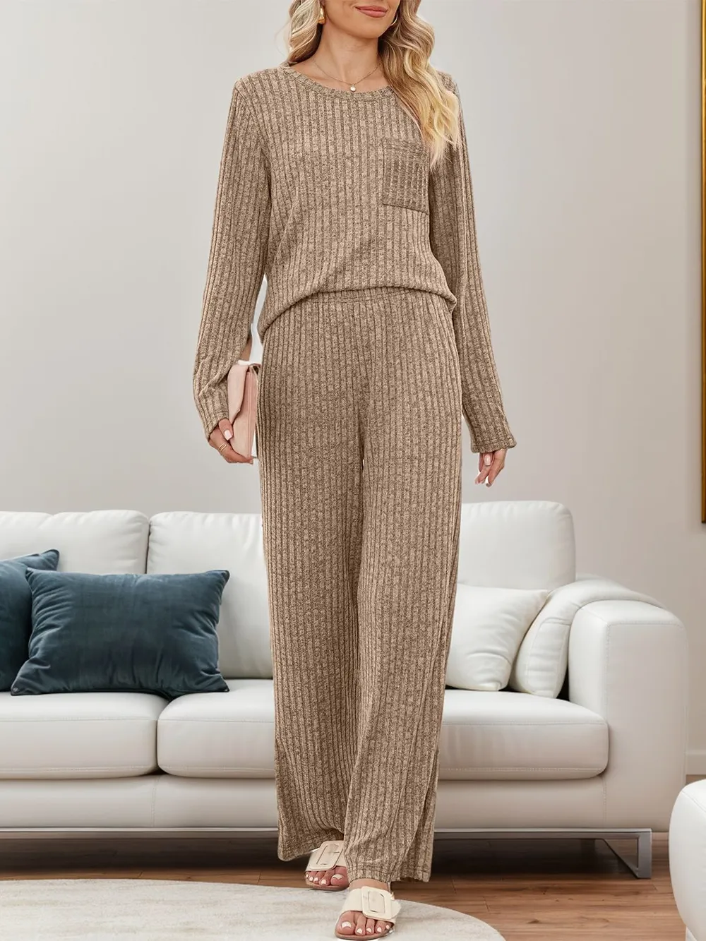 Round Neck Long Sleeve Top and Pants Set, image 20