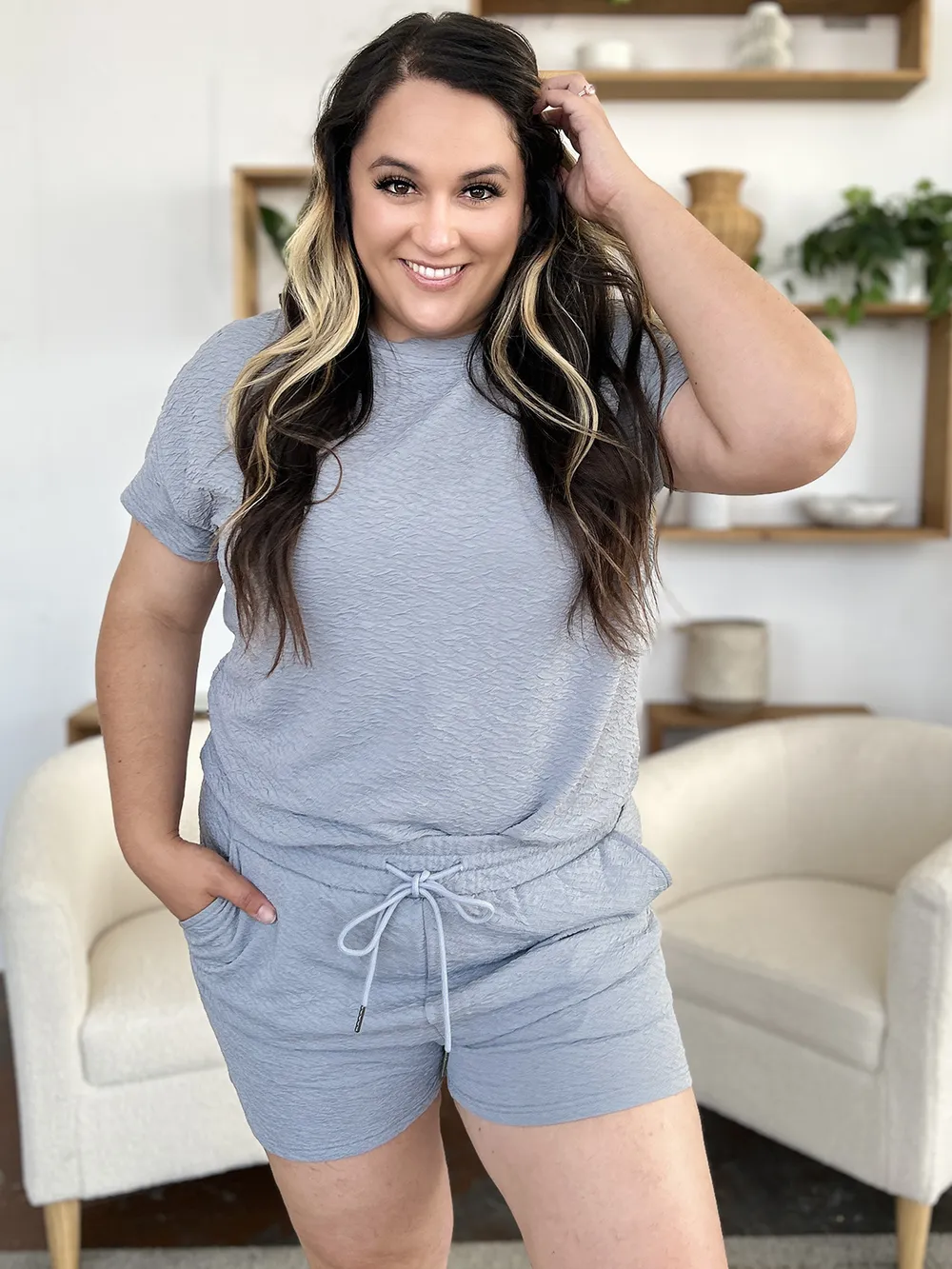 Full Size Texture Short Sleeve T-Shirt and Drawstring Shorts Set, image 23
