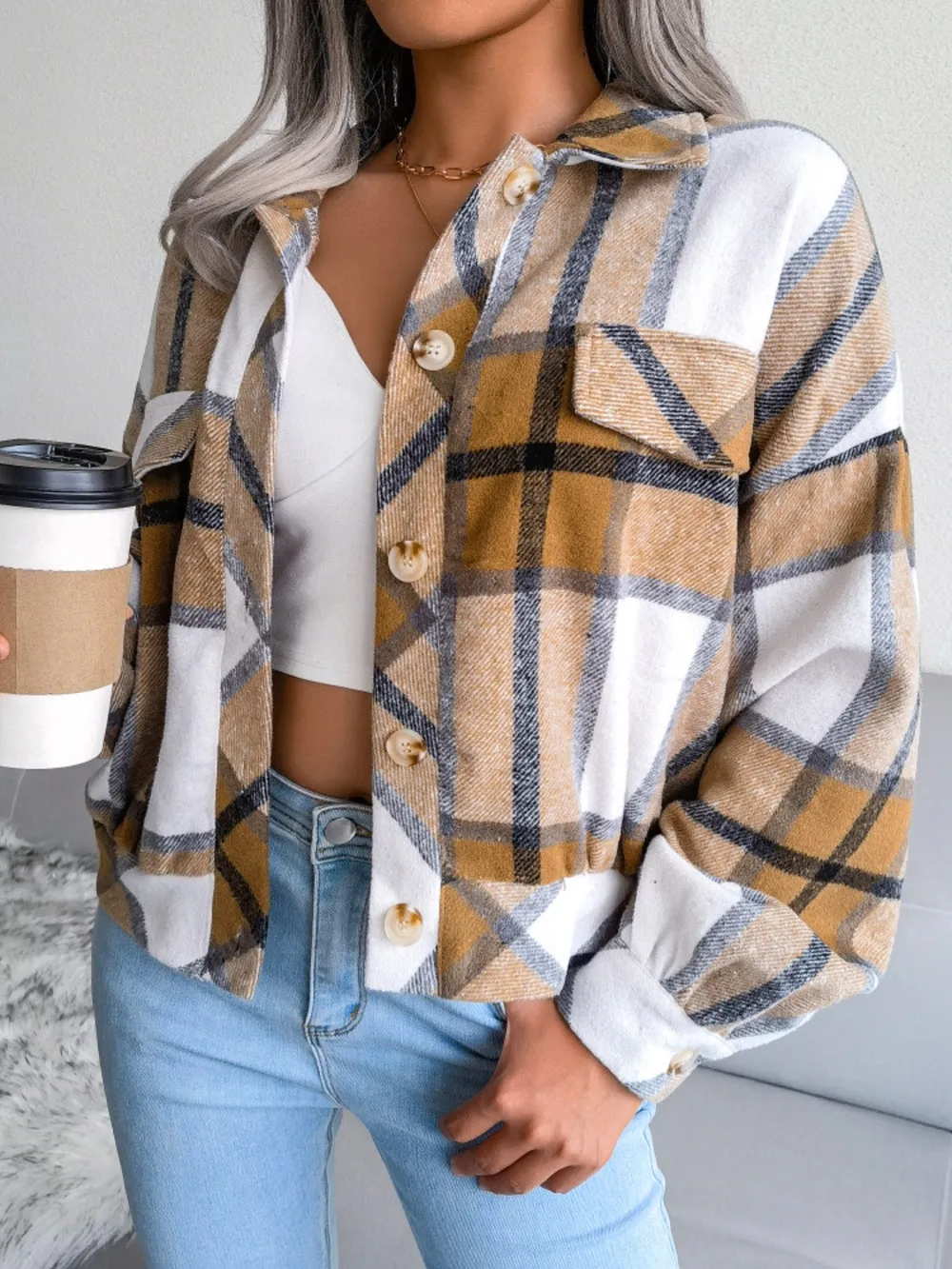Plaid Collared Neck Long Sleeve Jacket, image 9