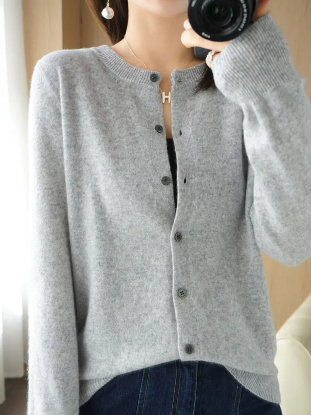 Classic Crew Neck Knit Cardigan, image 3