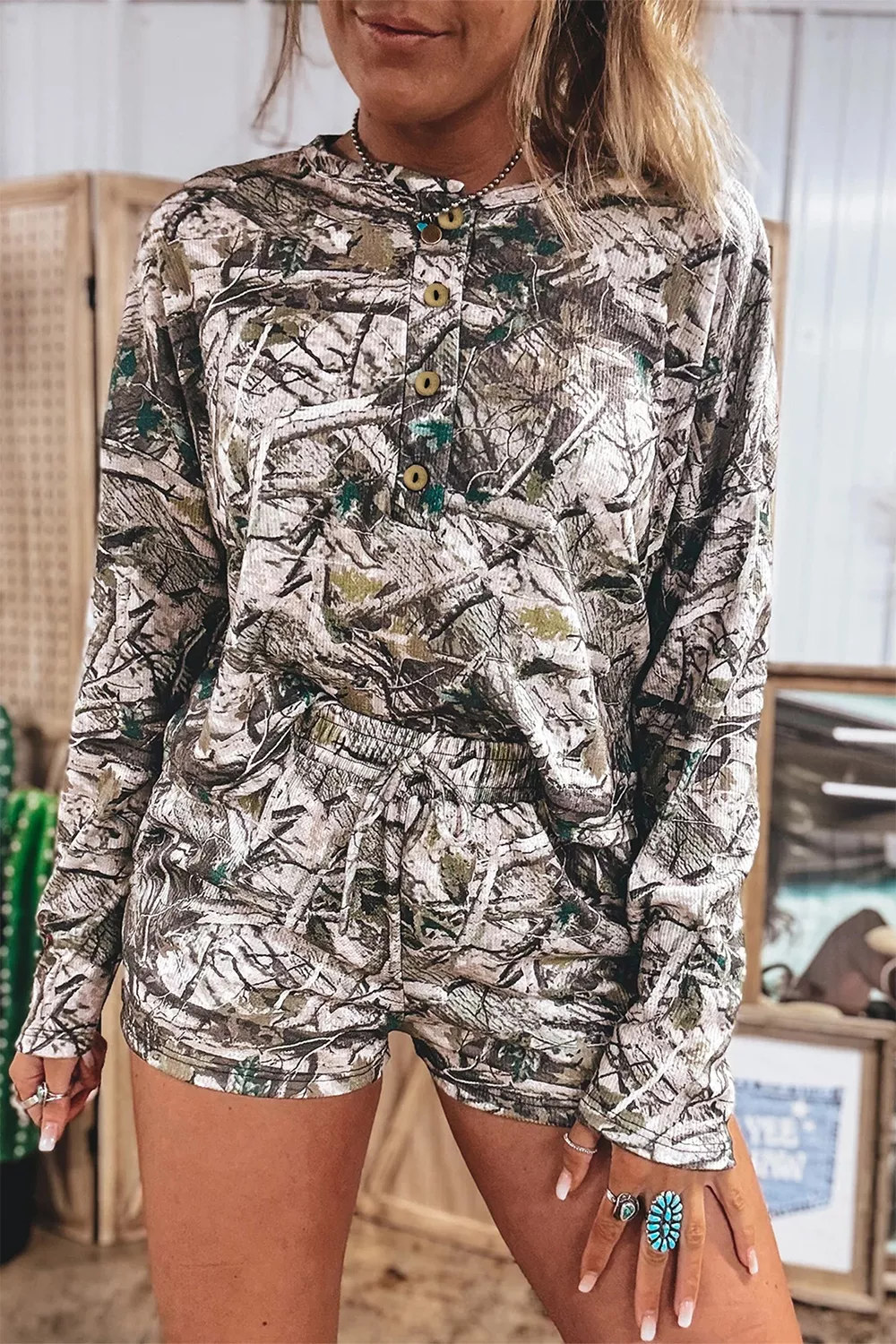 Camo Long Sleeve Top Elastic Waist Shorts Two Piece Set, image 4