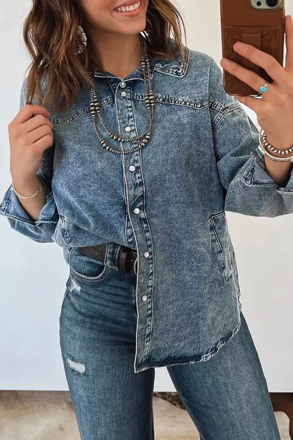 Western Long Sleeve Shirt Collar Tunic Denim Jacket, image 2
