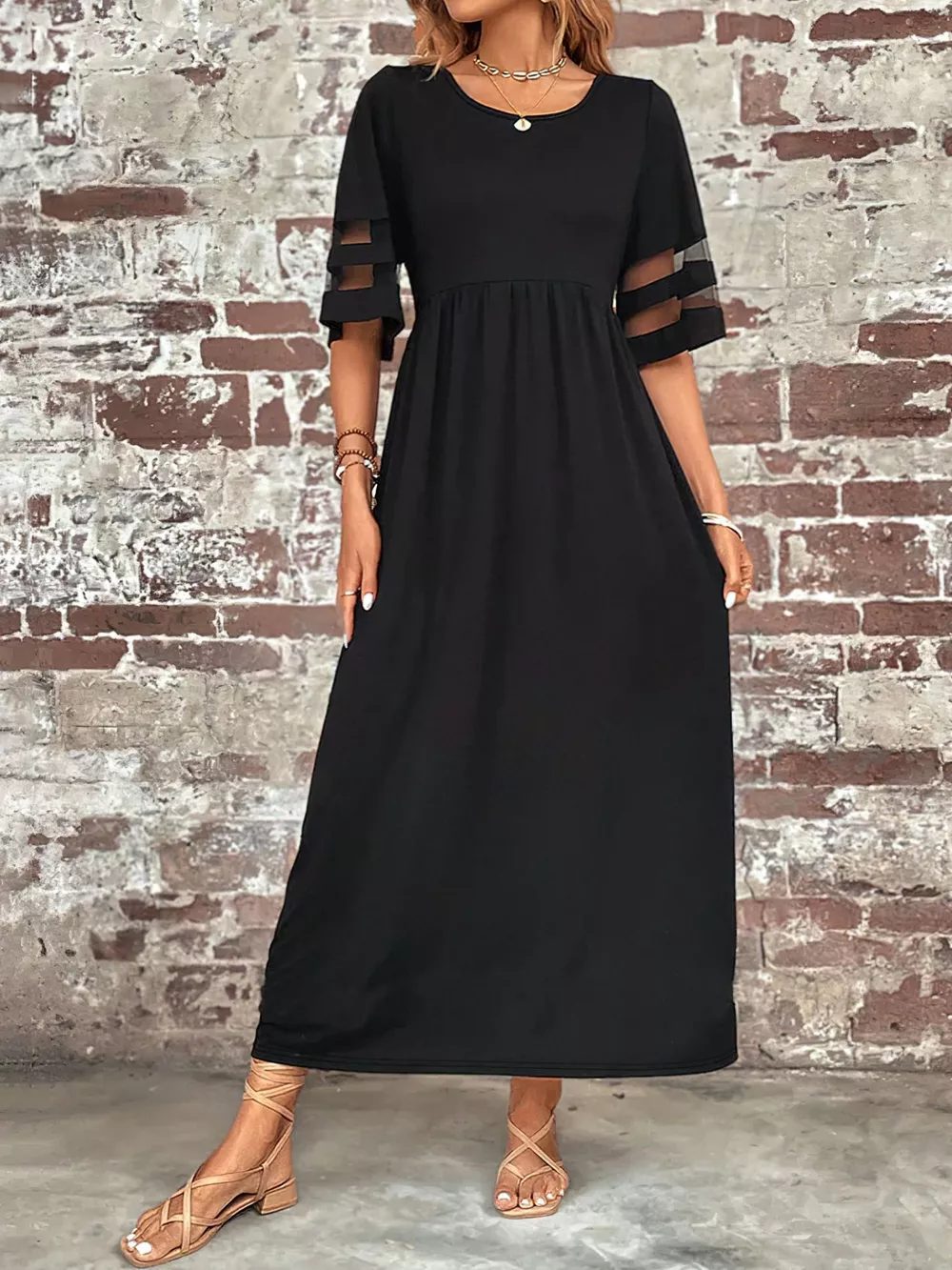 Plus Size Mesh Sleeve Round Neck Dress with Pockets, image 5