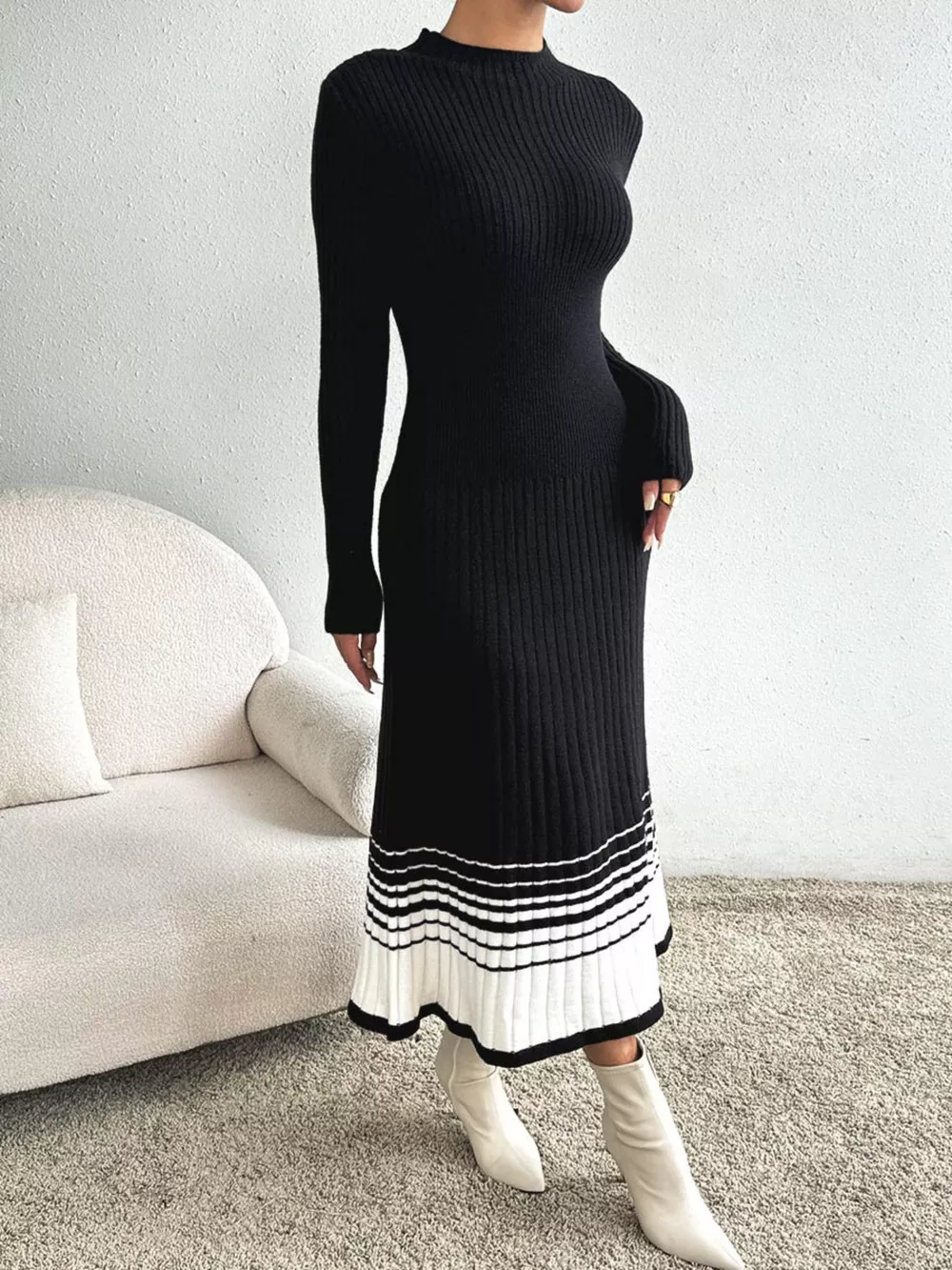 Ribbed Knit Sweater Dress with Striped Hem, image 7